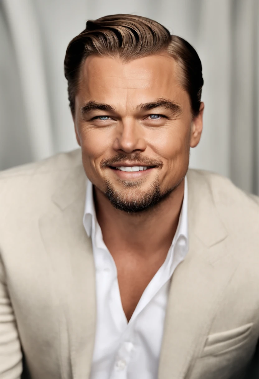 American actor and film producer Leonardo DiCaprio as um homem branco, 30 anos, com cabelos ruivo, olhos azuis. His face is symmetrical and he has perfect teeth. There are freckles on the nose. He is a LAWYER. The artwork is a highly detailed portrait with a realistic, estilo fotorrealista. Image quality is of the best quality, with 4k or 8k resolution. Lighting is professionally done, with studio lighting to highlight facial features. The overall tone of the color is vibrant and vivid, com um toque de aconchego.
