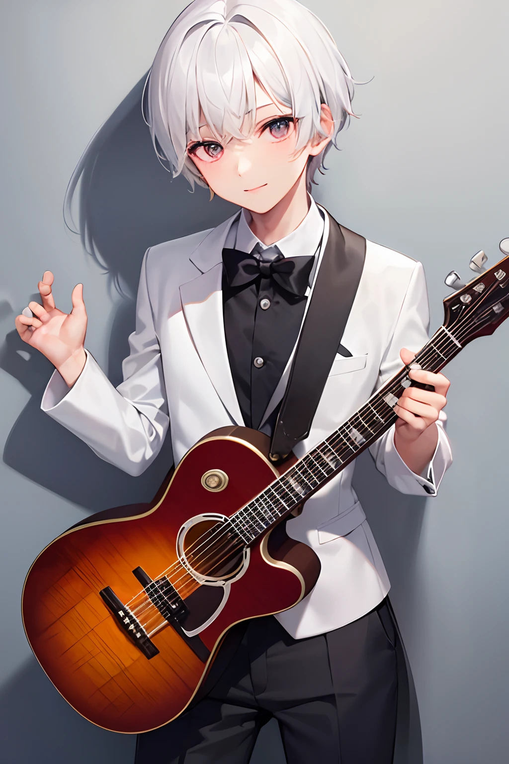 1boys, cabello albino corto, piel morena, musculoso, traje de charro blanco, con guitarra a su lado, sonriente, contra una pared,