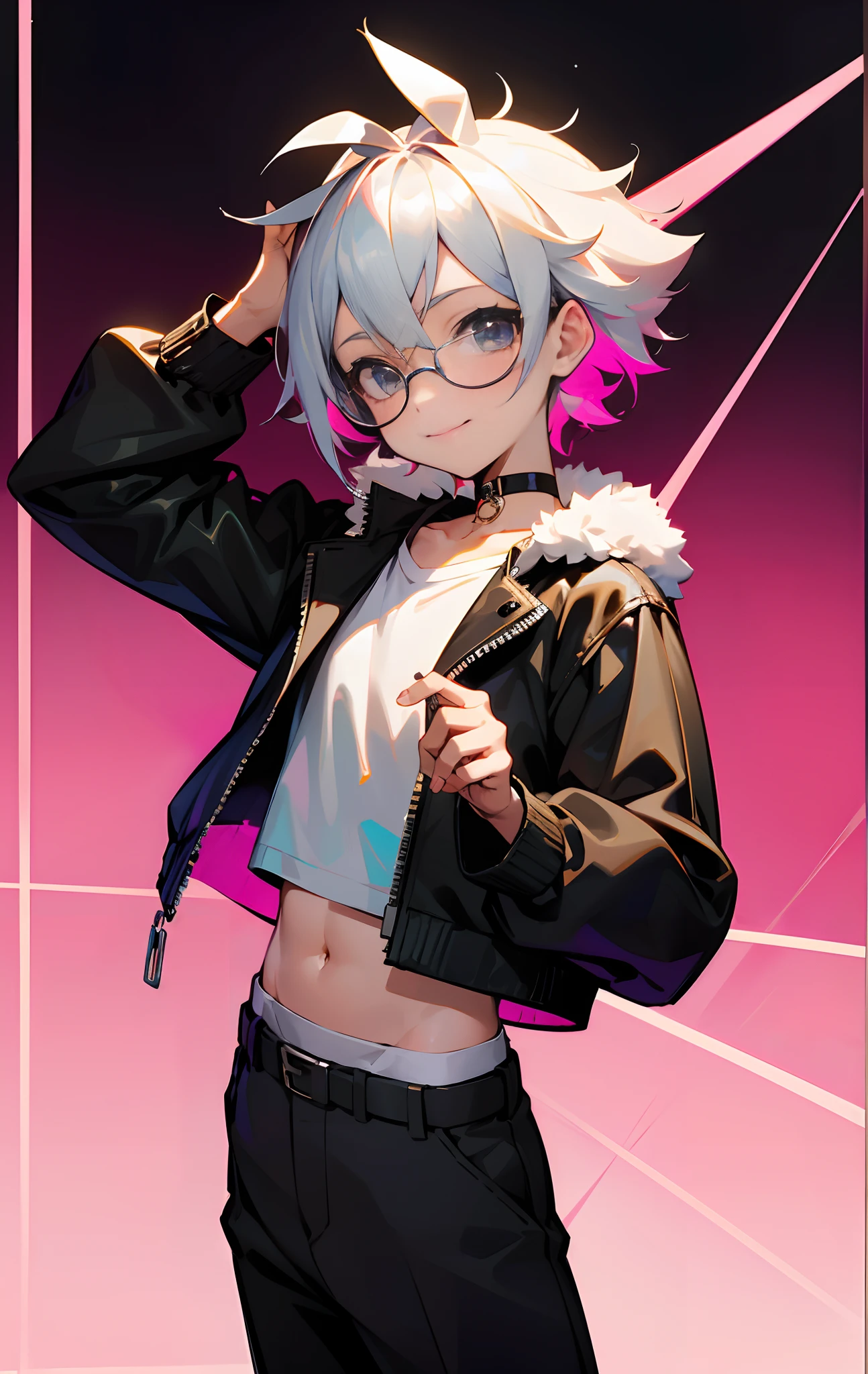 (Male child, eye glasses,A smile, silber hair)、独奏、jaket、Black jacket、Iridescent background、a choker、razor、Leather jacket、O cabelo multicolorido、cowboy shot、Color Inner Hair、bangss、White shirt、Fluffy clothes、Two-tone、Viewer's Perspective、is standing、a closed mouth、A pink-haired、Hand up、croptop、sideways Facing