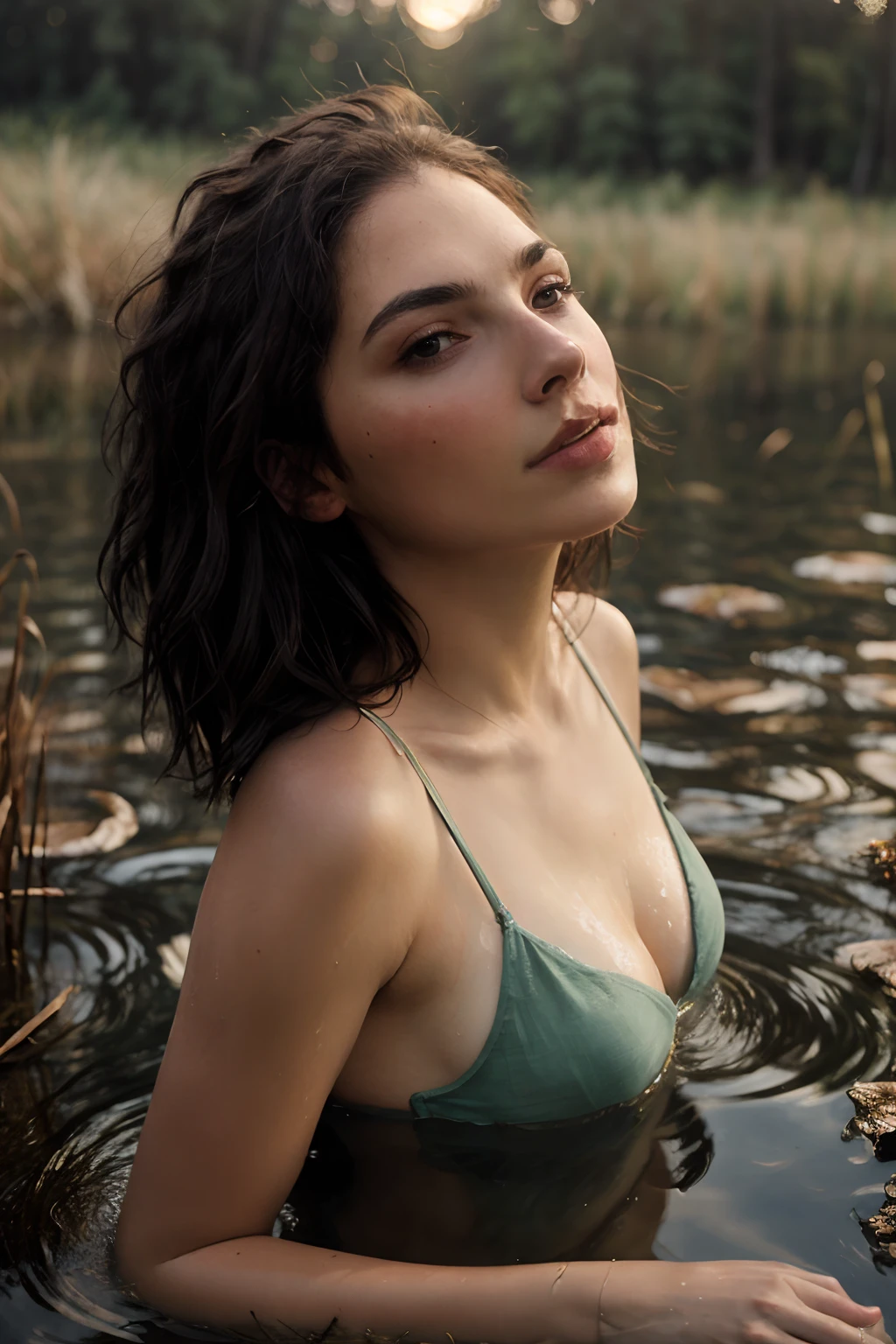 RAW, Half body of a beautiful 25-year-old woman, brunette, hard breasts, (gldot) bathing in a river, reeds, (backlight), realistic, masterpiece, high quality, lens reflection, shadow, flower, (skin with pores reL9stas), dark, (night) , matte, denatured colors, real, [[chromatic aberration]], by Jeremy Lipking, by Antonio J. Manzanedo, digital painting,