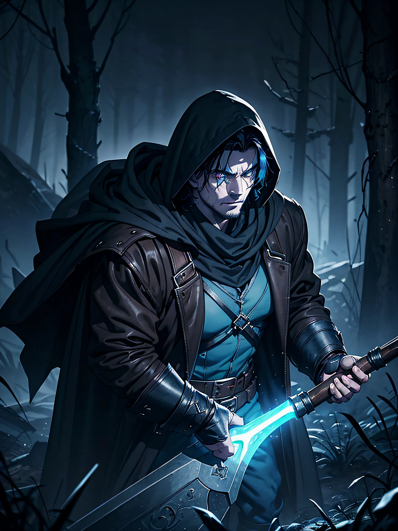 portrait, dark hero, gloomy hero, strong man, dark fantasy gravedigger, dark sexton, dead man's blue skin, rag hood, glowing blue eyes, black hair, brown rag jacket, pale iron bracers, brown long trousers, cloak of dark drifting mist, leather boots, holds rusty shovel