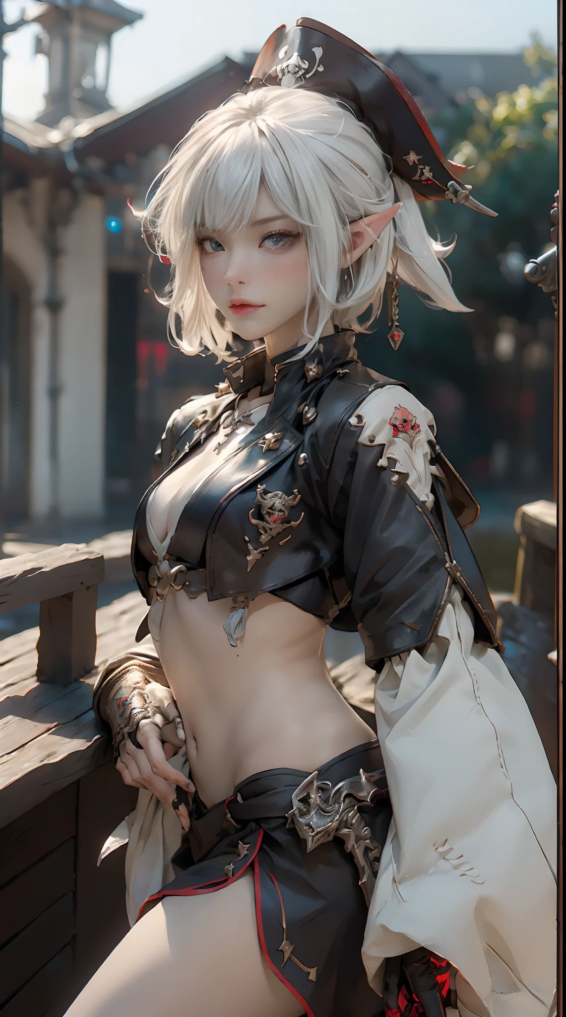 a elf pirate standing on the deck of her ship, (((1girl))), in Extremely cute elf race face with a perfect body, (((of the highest quality: 1.4))),(unparalleled masterpiece ever), (Ultra high definition), (((adult body))), insanley detailed face and eyes, Perfect lips, Pirate hat with metal spines,Beautiful and well-groomed face, Detailed pirate clothing, Pirate Jacket, (Image from head to thigh), white hair, asymmetrical bangs, short hair, Small leather panties, Simon Bisley's urban savage style, Detailed pirate ship background, Clean abs, Complex graphic gauntlets, Dark red with white stars and blue and white stripes, s Armor, Poison tattoo, fantasy art, illustration, digital art by Yusuke Murata.