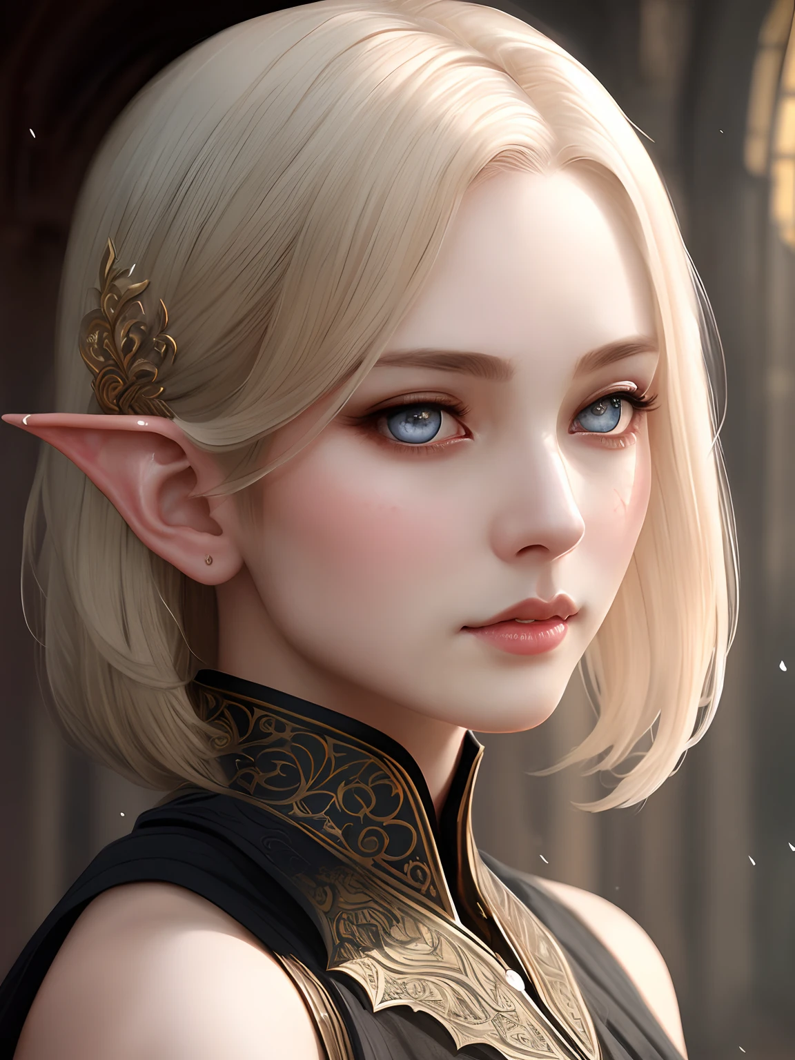 【masterpiece、side lights、Exquisite aesthetics:1.2】1 girl、breastsout、detailedbackground、(breastplates)、Professional majestic oil painting、Trending on ArtStation、Trending at CGSociety、precision、High Details、foco nítido、Dramatic、elf-ears、((short-hair))、Year's on、((A MILF))、elvish、Draw fine eyes、intricate detailes、grim facial expression、Dark Shadows、Shadows of details、((mature_woman))、Good Eye、white pupil、vestments、(Very detailed、yudai)、artgerm、ruan jia、Art by greg Rutkowski、plein air