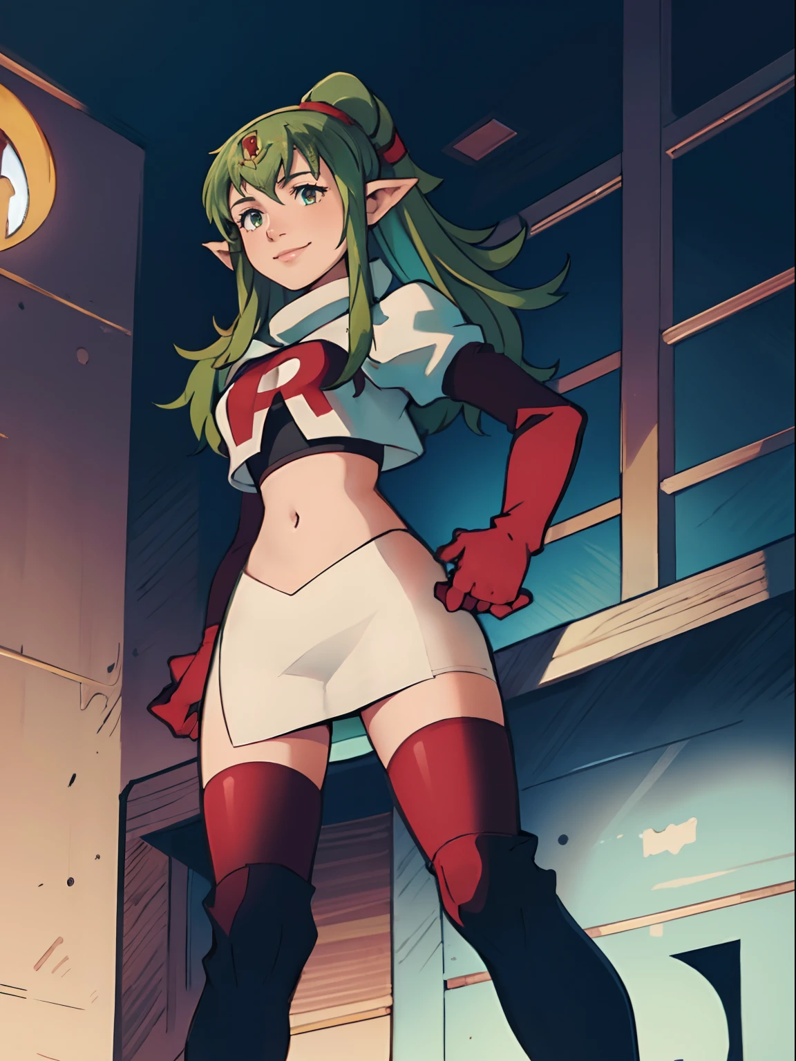 tiki fe,rocket,team rocket uniform, red letter R, white skirt,white crop top,black thigh-highs,black elbow gloves, looking down on you , hands on hips, smile