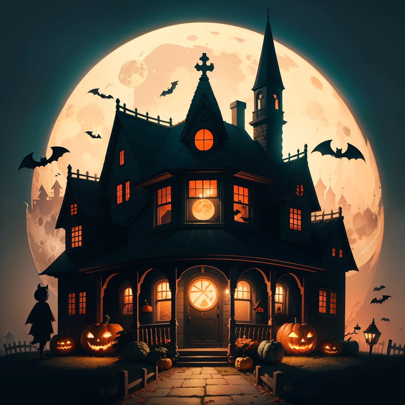 Children's illustrations, Scary Halloween scene with ghosts, bats, pumpkins and old houses in the background.,The moon is orange.