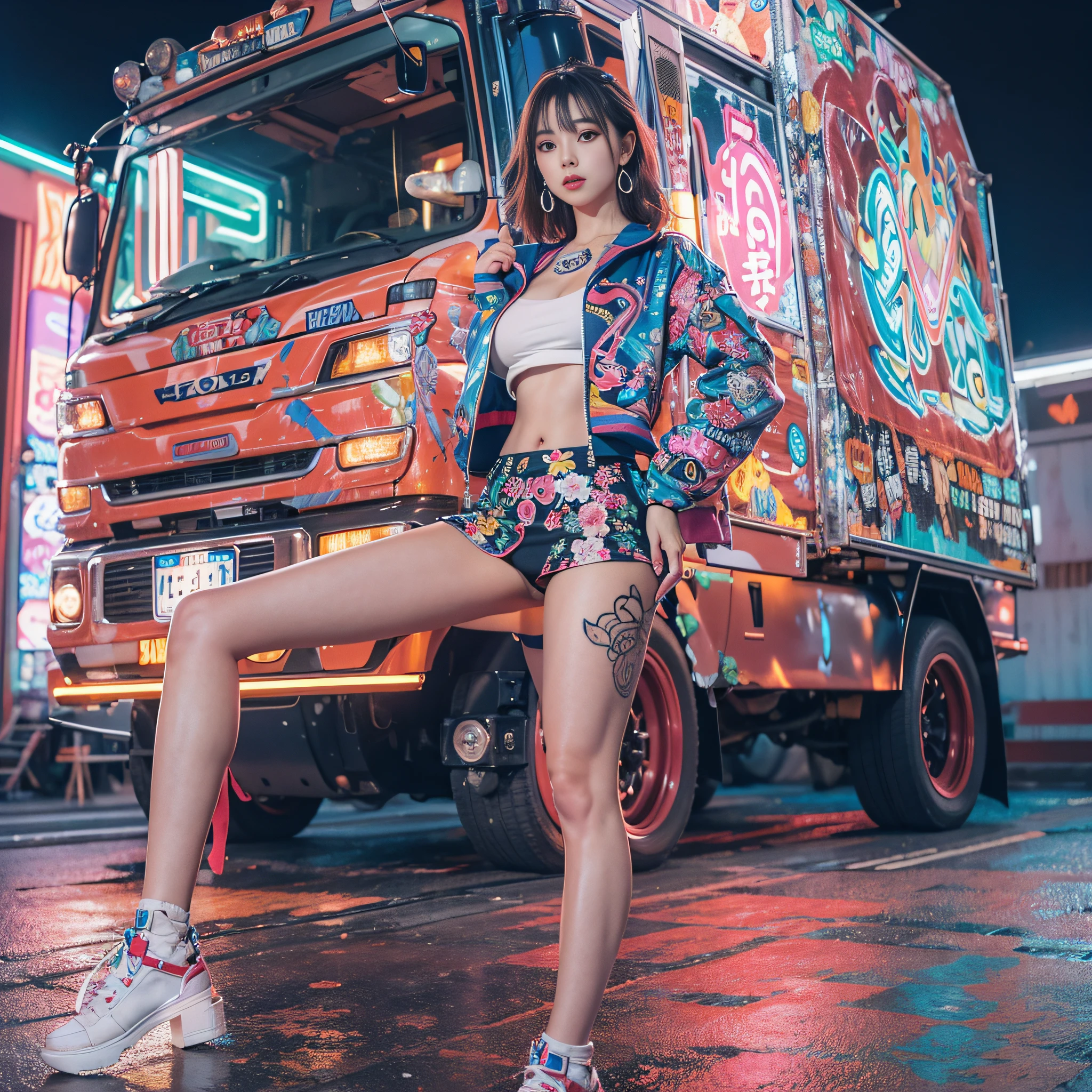 8k, top-quality, （pubic hair beauty）、hight resolution, realisticlying, realperson, Photo: Glamorous「Dekotora」Confident on top of々Girl Standing (Decorated Trucks) With dazzling neon lights. The tracks are covered with intricate designs and shimmering decorations. The Girl, Against the background of these synchrotron radiation, Take dynamic poses, Her outfit is、It complements the vibrant aesthetic of the truck、huge tit、beauty legs、Short clothes that expose the stomach