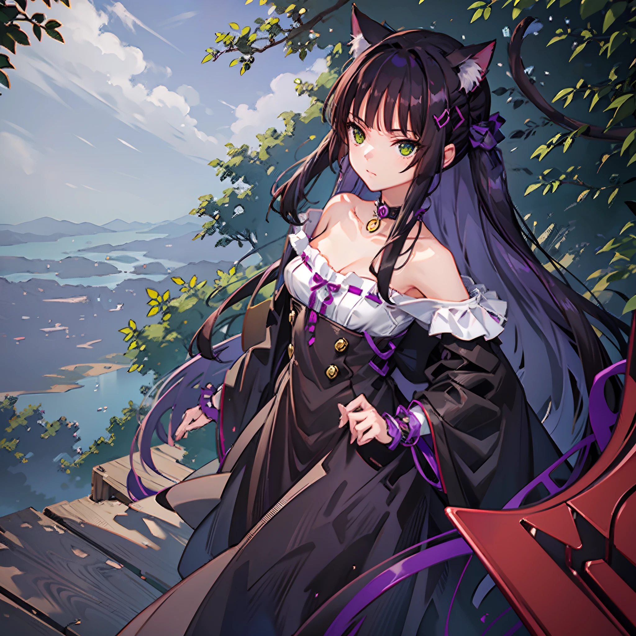 Cheshire Cat, metallic chocker, long hair, medium hair, purple hair, animal ears, cat ears original, 1girl, (solo), scenery, scene, red trees, forest, lake, autumn,