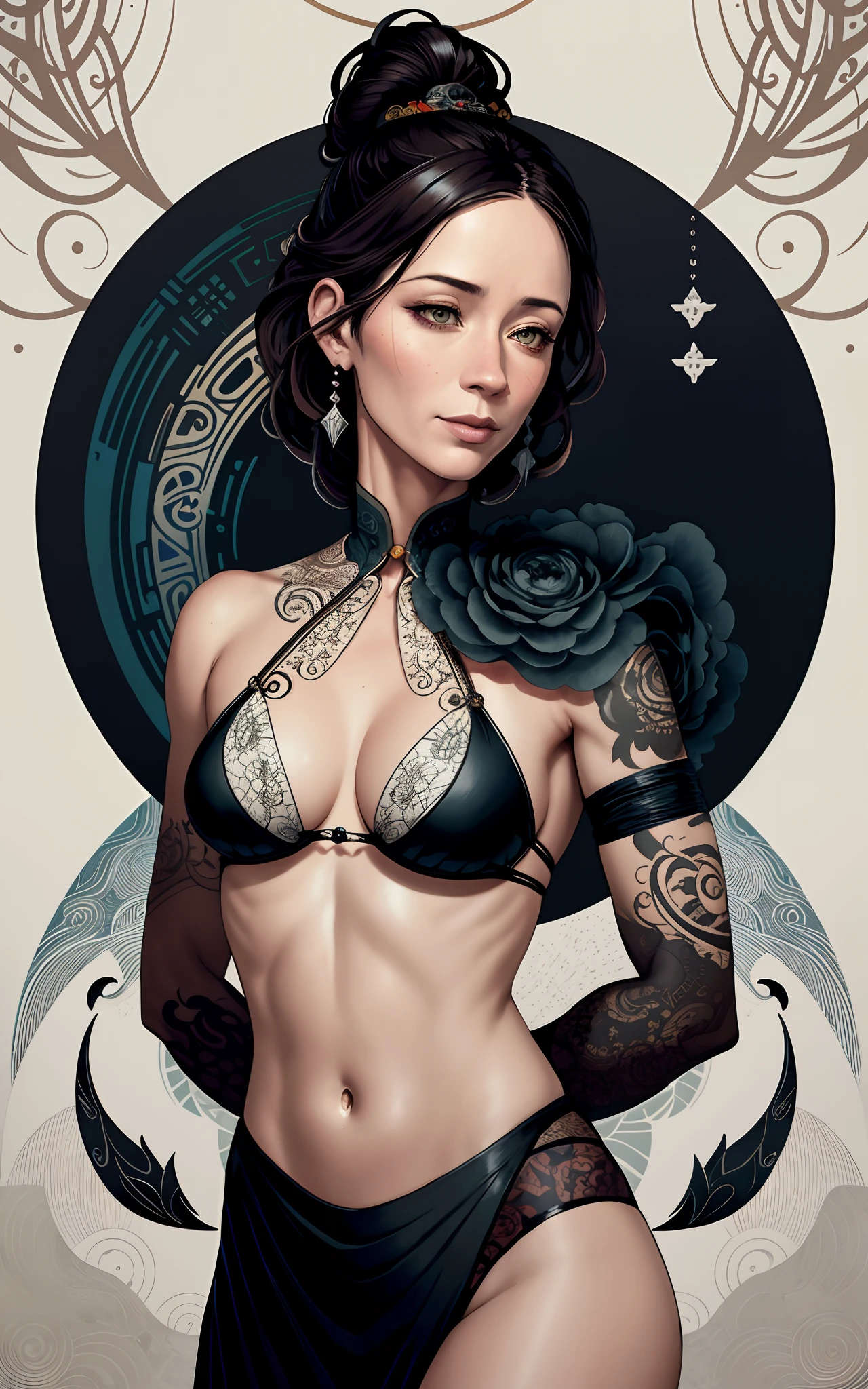 (Emily blunt:Evangeline Lilly) is a beautiful charming pirate carved out of dark smoke, dressed as a pirate in black, circular colored smoke, waves of shadows at night, abstract skull ornaments, soft colors, flat 4d street art in the style of adrian ghenie, esao andrews, jenny saville , edward hopper, surrealism, james jean dark, takato yamamoto, inkpunk minimalism, , detailed symmetrical brown eyes with circular iris, seamless geometric pattern harmony, luminogram, iron gall ink, art by Russ Mills, Sakimichan,, by GIlSam -paio octane rendering depicting innovation and truth, 8k, by Lee Jeffries, depth - Gs studio