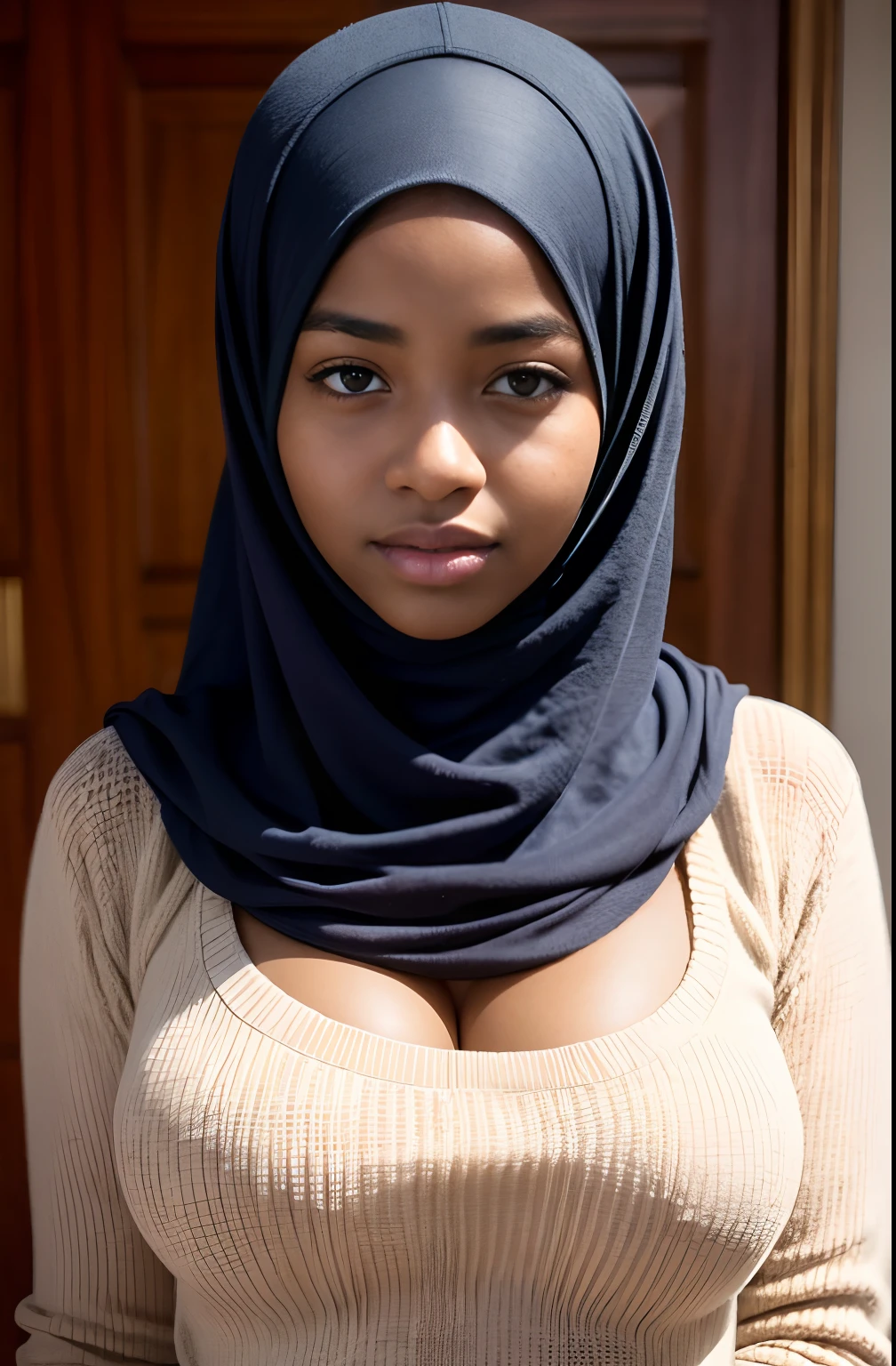 RAW, Best quality, high resolution, masterpiece: 1.3), beautiful namibian queen in hijab showing cleavage in fluffy sweater,Masterpiece, Soft smile, choker