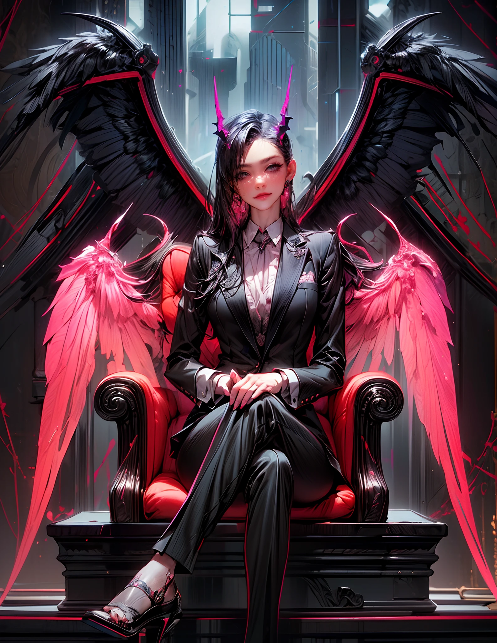 Masterpiece,a demonic woman,wearing suit,black color stylish suit,demonic,wing, stylish sitting pose, cyberpunk gray_neon pink beautiful theme, mesmerizing view,oil painting, pixiv, Ghibi ((intricate details,)) ultra HD, sharp details