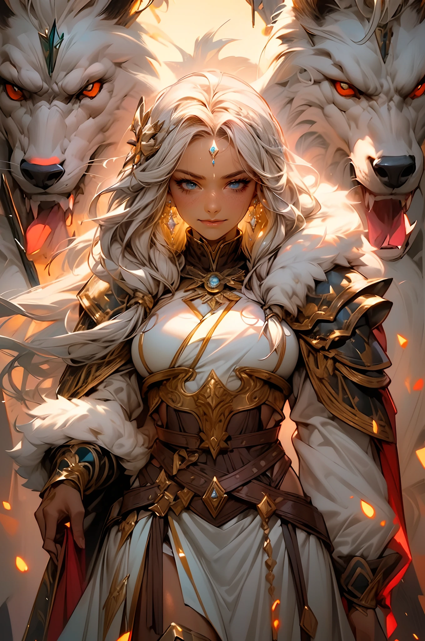 Fine illustration, ultra detailed, highres, from below, beautiful, gablin_woman, elegant standing_pose, slightly smiling,close mouth, elegant look, ((looking at viewer)),barbarian_dress, black_afro_glistening long braided_hair, tall warrior, ((dark_skin_female)), smoky_glowing world, detailed countryside_dress with glittery paladin woman_dress, detailed embroidery, white fur_cape, extremely layered frills