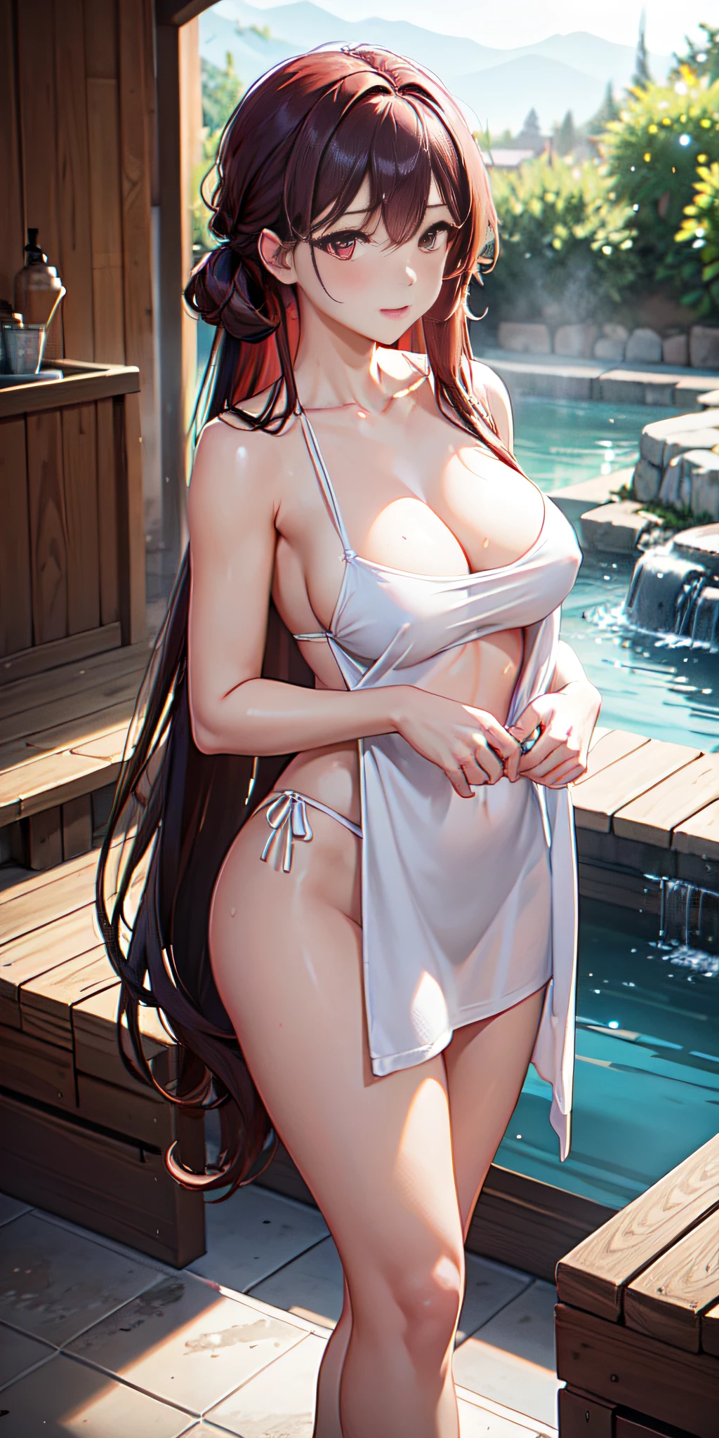 View from a cardinal plane, Masterpiece, best quality, 1 girl, medium breasts, long hair, blushing, after shower, half wrapped in a towel, cleavage, thighs, standing in a hot spring bath, perfect body, intricate details, rear side lighting, nsfw