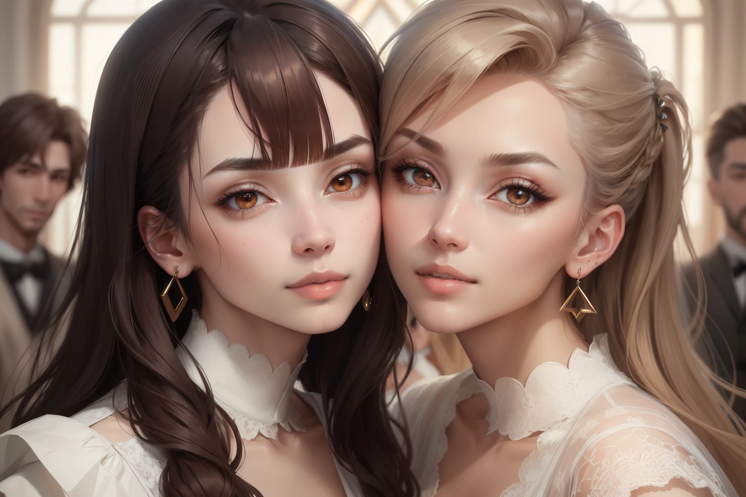 (masterpiece, best quality, (several men and women ) , intricate details, chromatic aberration), realistic, ((medium breath)), different hair, hair over one eye,brown eyes, earrings, sharp eyes , (symmetry eyes),(perfect symmetrical body), at home, wearing aesthetic clothes, cuddling, family