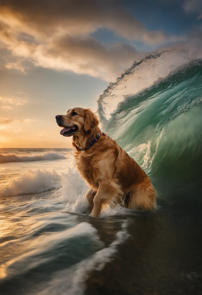 golden retriever surfando colorido