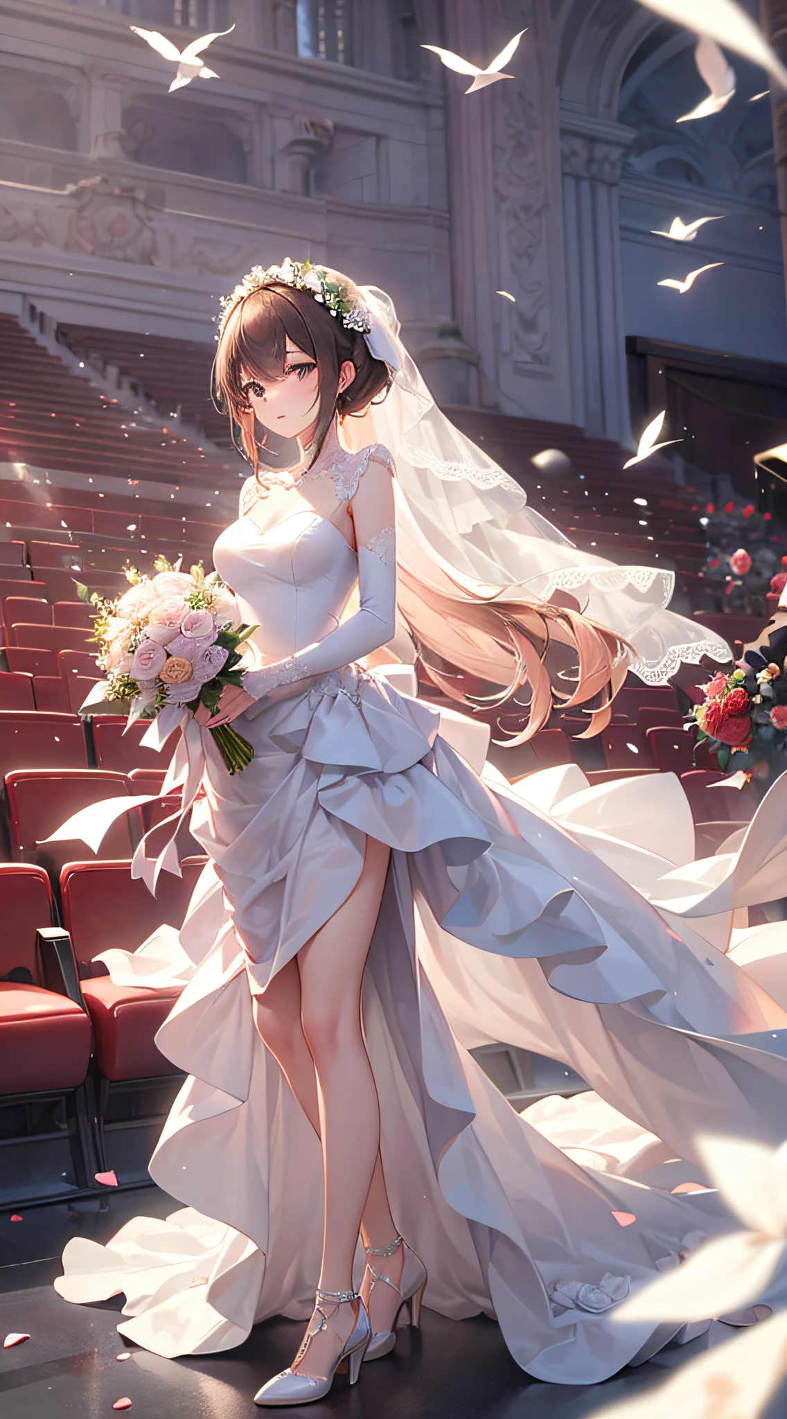 wedding gown，auditorium，Flying white doves，Holding a bouquet of roses，divino