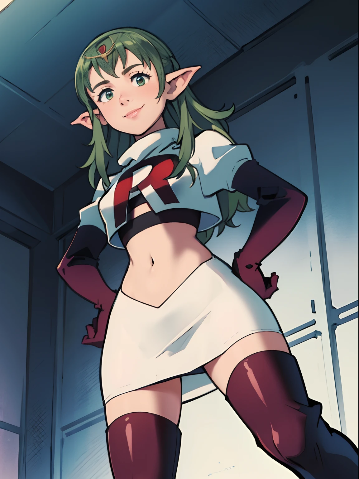 tiki fe,rocket,team rocket uniform, red letter R, white skirt,white crop top,black thigh-highs,black elbow gloves, looking down on you , hands on hips, smile