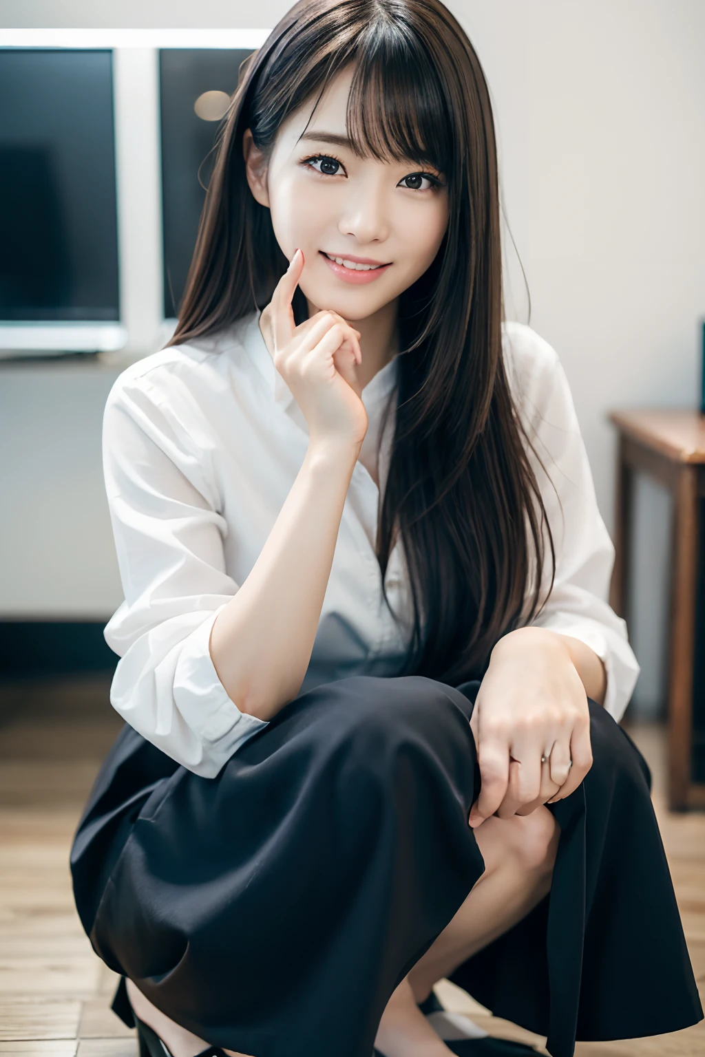 Japan woman kneeling on the floor in office、a baby face、Real life women, (((Girl is squatting)))、 Wear a black uniform , ((long  skirt))、Photorealsitic, Casual pose, A charming、(realisitic、Photorealsitic:1.4)、(in 8K、Raw photography、top-quality、​masterpiece:1.2)、cute little、ultra-detailliert、physically-based renderingt、超A high resolution、Kodak Vision Color、Shooting with an LT camera、taken from the under、bokeh dof、foco nítido、 looking at viewerer、Photorealsitic、realisitic、独奏、Photorealsitic、top-quality、extra detailed face、extremely detailed eye and face、beatiful detailed eyes、absurderes、incredibly absurdness、haunting smile、hair messy、Floating hair、a smile、