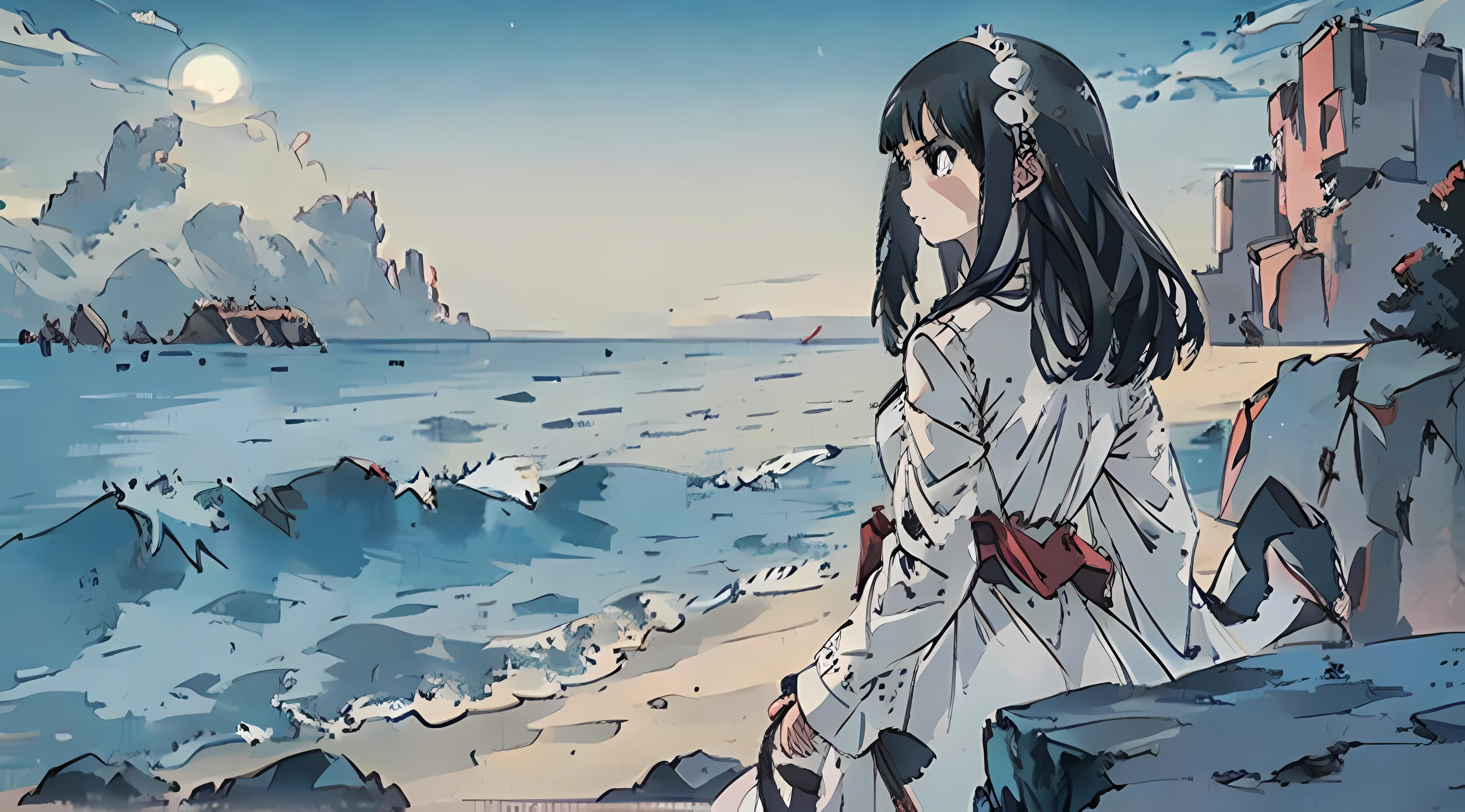 beautiful female teenager, white cute long dress ,very long black hair, depressive mood, depressive face, bad mood, standing on the sand, shades of grey and blue, sea on the background, red small sun far away ,rocks far away, (((((detailed face)))))