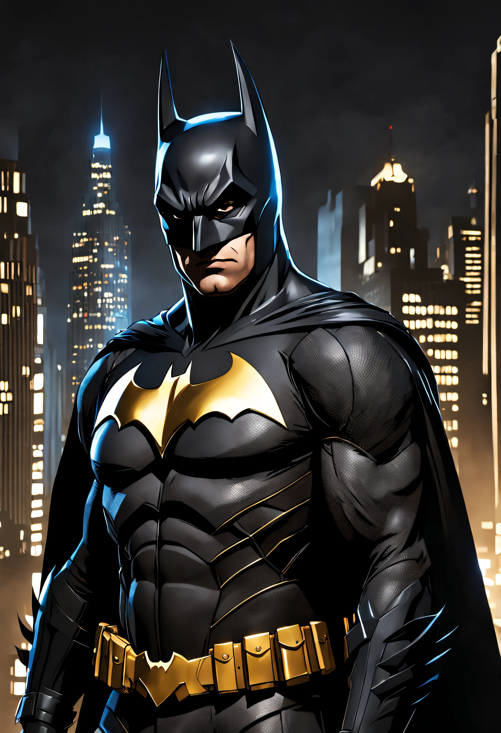 (high resolution) Detailed illustration of Batman in a dark cityscape, dressed in his iconic black and gold Batsuit, with a stern expression on his face [batman],[detailed illustration],[dark cityscape],[suit iconic],[ severe expression]. The artwork should show off the incredible details of Batman's suit, with intricate armor plates, a utility belt and an imposing bat emblem on his chest. The cityscape behind him should be filled with tall, gothic buildings, dimly lit by flickering streetlights, creating a mysterious and moody atmosphere. Batman's cape should flutter in the wind, adding a dynamic and dramatic element to the composition. Colors should be predominantly dark and desaturated, with touches of gold detailing on Batman's suit to highlight his superhero status. Lighting should emphasize shadows and highlights, casting dramatic shadows on Batman's face and body, enhancing the overall intensity of the scene.