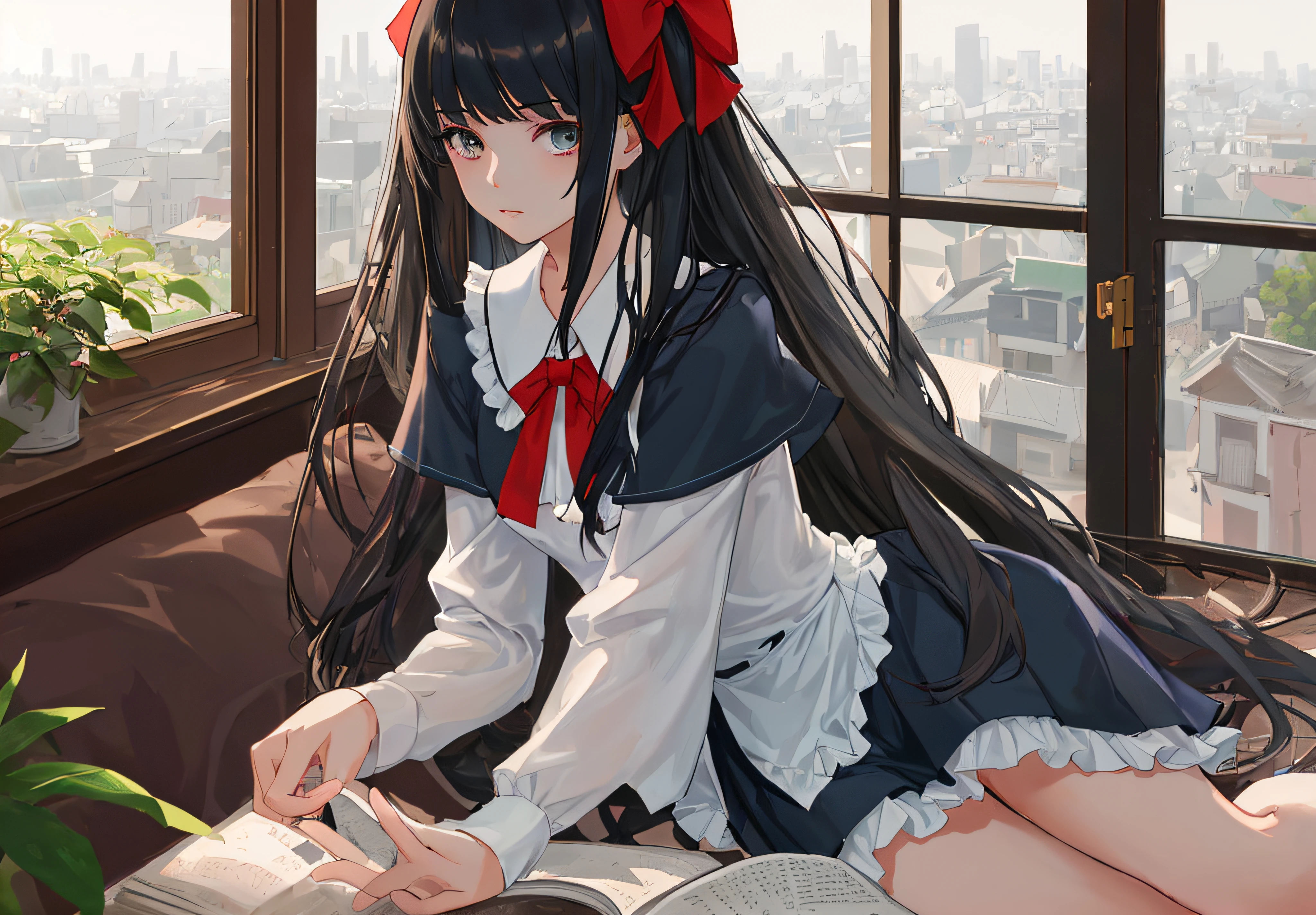 Wonderful young girl，cabelos preto e longos，Girl reading a book by the windowsill，The pose is attractive，Medium chest，A short dark blue skirt that barely covers the hips，White color blouse+Dark blue sailor suit，There is a red bow in front of the neckline，Greenery，窗帘，The city outside the window，tmasterpiece，Need，Highest high resolution。