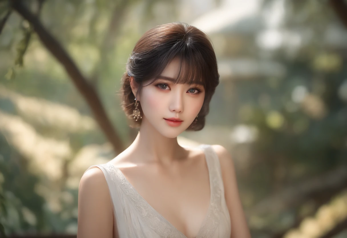masterpiece, 1 beautiful girl, detailed eyes, puffy eyes, best quality, ultra high definition, (reality: 1.4), original photo, 1girl, cinematic lighting, Japan, asian beauty, korean, super beautiful, beautiful skin, slender, small chest, body facing front, (ultra-realistic), (high resolution), (8K), (very detailed), (best illustration), (beautifully detailed eyes), (ultra detailed) , detailed face, looking at the viewer, facing straight ahead, neat clothes, sleeveless, short hair, black hair, 46 points diagonal bangs, room based on white background tone, neat atmosp
