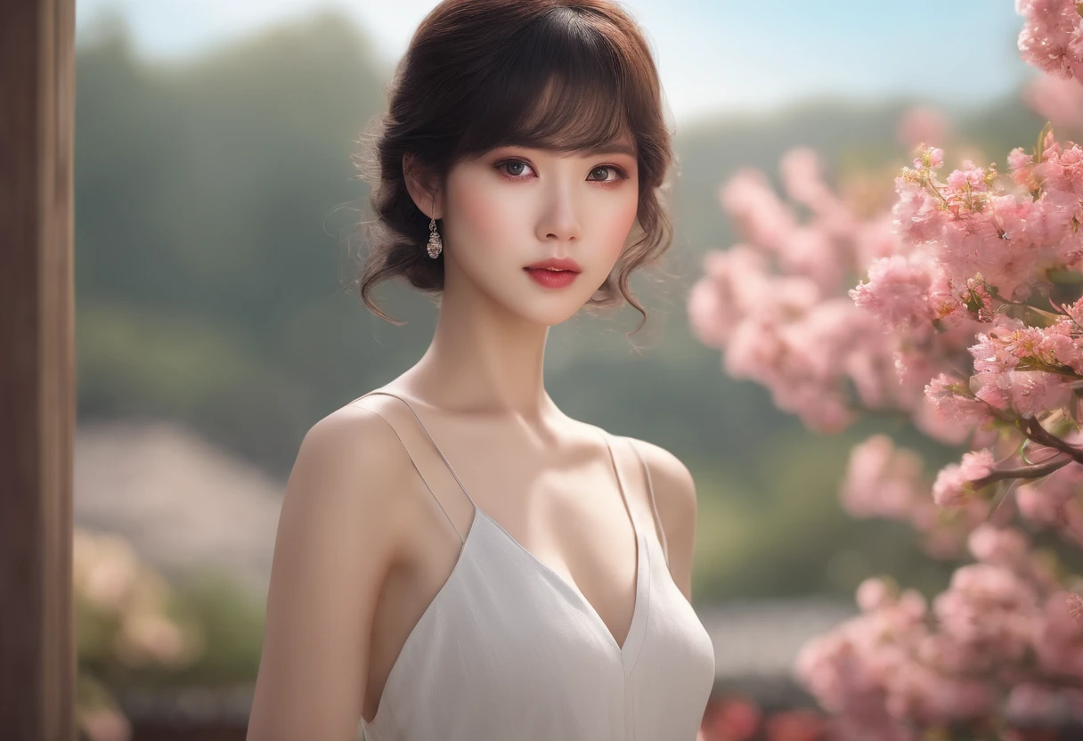 masterpiece, 1 beautiful girl, detailed eyes, puffy eyes, best quality, ultra high definition, (reality: 1.4), original photo, 1girl, cinematic lighting, Japan, asian beauty, korean, super beautiful, beautiful skin, slender, small chest, body facing front, (ultra-realistic), (high resolution), (8K), (very detailed), (best illustration), (beautifully detailed eyes), (ultra detailed) , detailed face, looking at the viewer, facing straight ahead, neat clothes, sleeveless, short hair, black hair, 46 points diagonal bangs, room based on white background tone, neat atmosp
