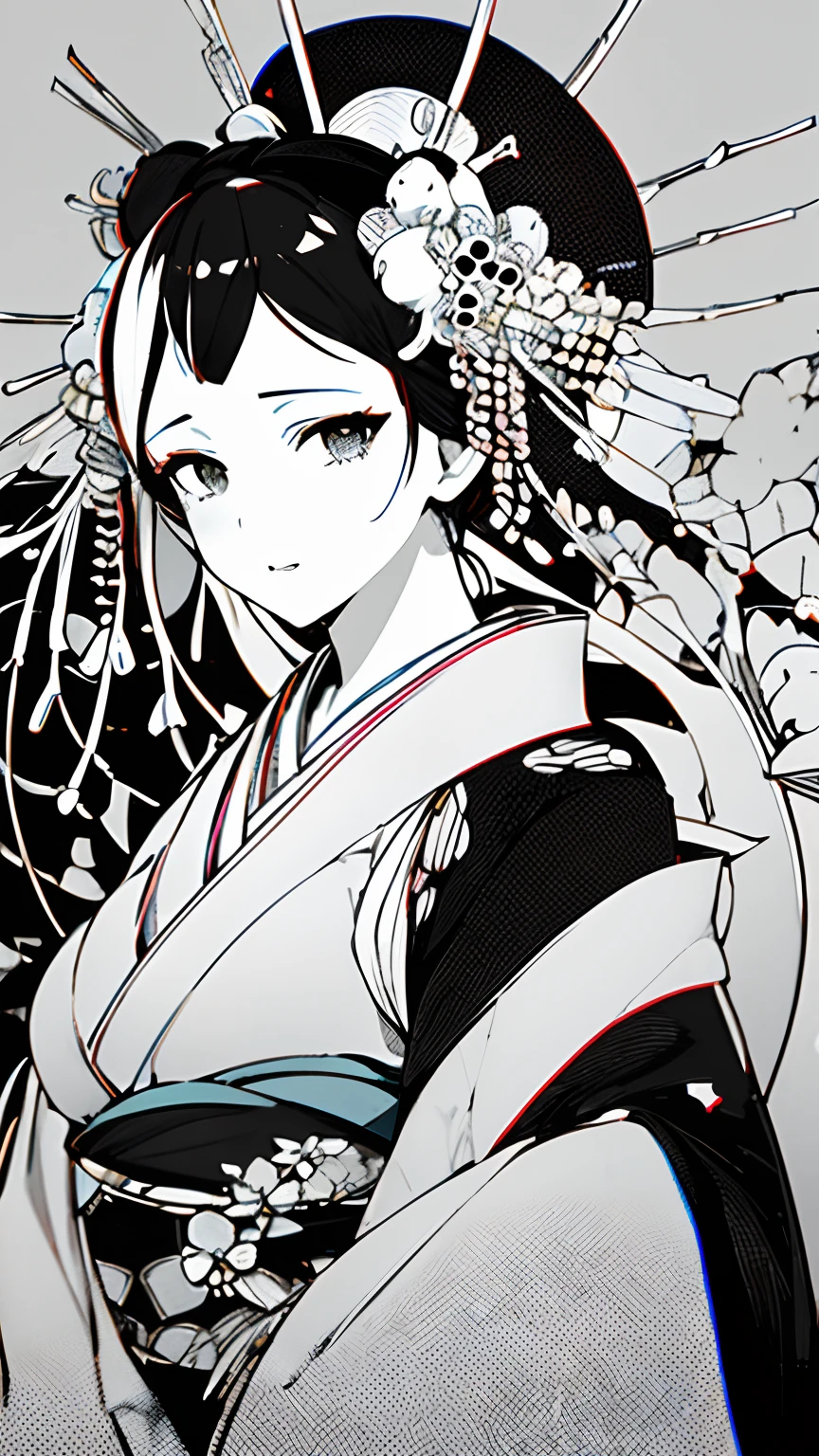 {{{{masterpiece}}}}, {{{hyper detailed}}}, {{{highres}}}, {{good anatomy}}, (((best quality))), ((an extremely delicate and beautiful)), {{an extremely detailed and delicate}}, {8k cg wallpaper}, {{illustration}}, (greyscale with colored background:1), white and black background, (chromatic aberration:1.2), upper body, mature female, (1girl:1), solo, oiran, (japanese clothes:1.2), medium breasts, hiten1,