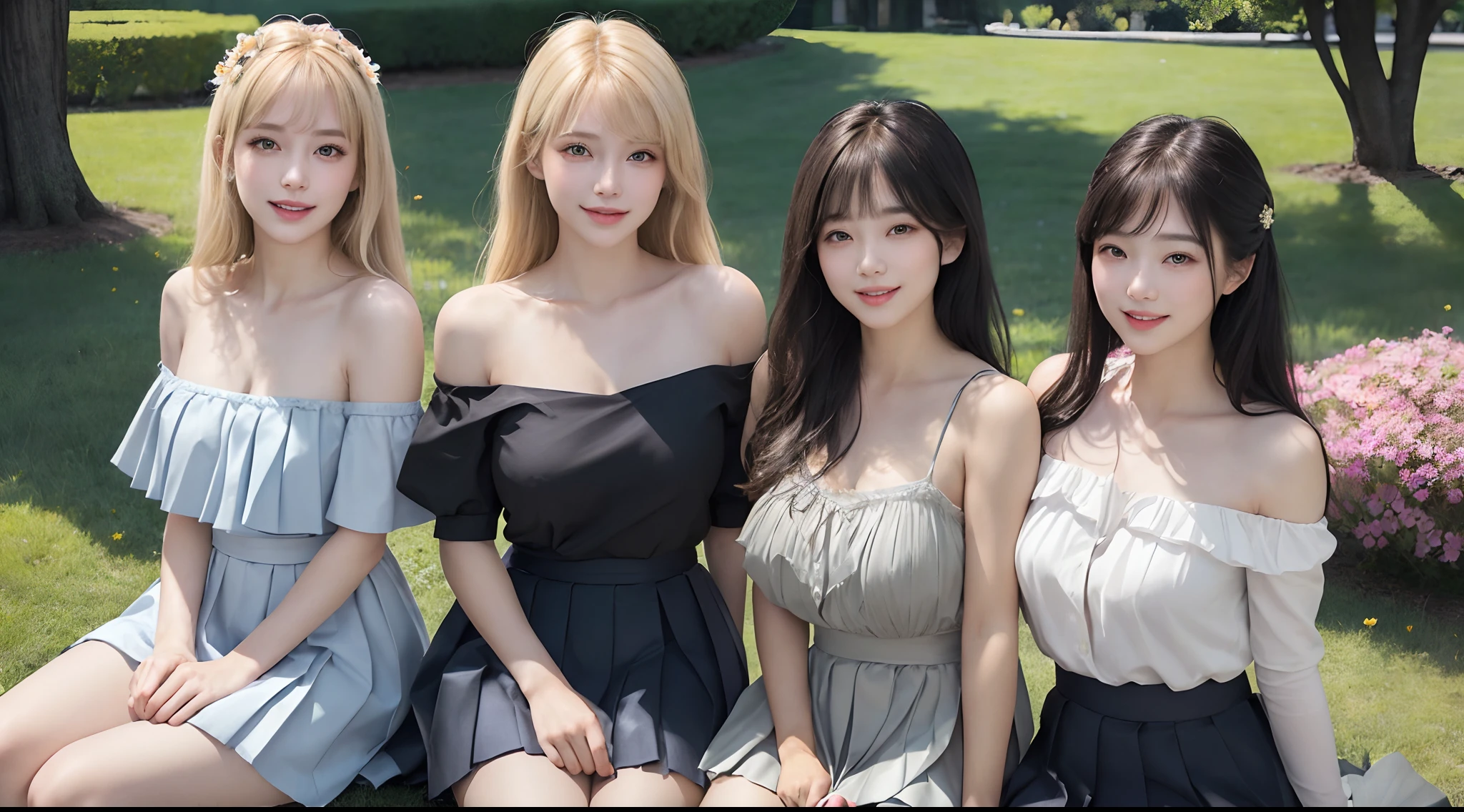 (3 female students, 1 handsome male), bright smile, beautiful mouth, (Bare shoulders), big breasts, pleated skirt, blonde hair, long black hair, bangs, sitting on the flower park lawn (Quality best, Super detailed), (Heavenly starlight), (Wrapped in light), (Beautiful and mysterious),