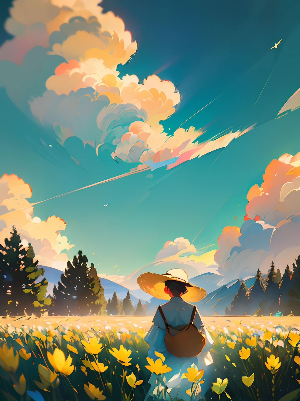 Wheat field, a farmer uncle with a straw hat standing in a wheat field, big clouds, blue sky, rice field, neat rice seedlings in the field, forest, hillside, secluded, rural, HD detail, hyper-detail, cinematic, surrealism, soft light, deep field focus bokeh, ray tracing and surrealism. --v6