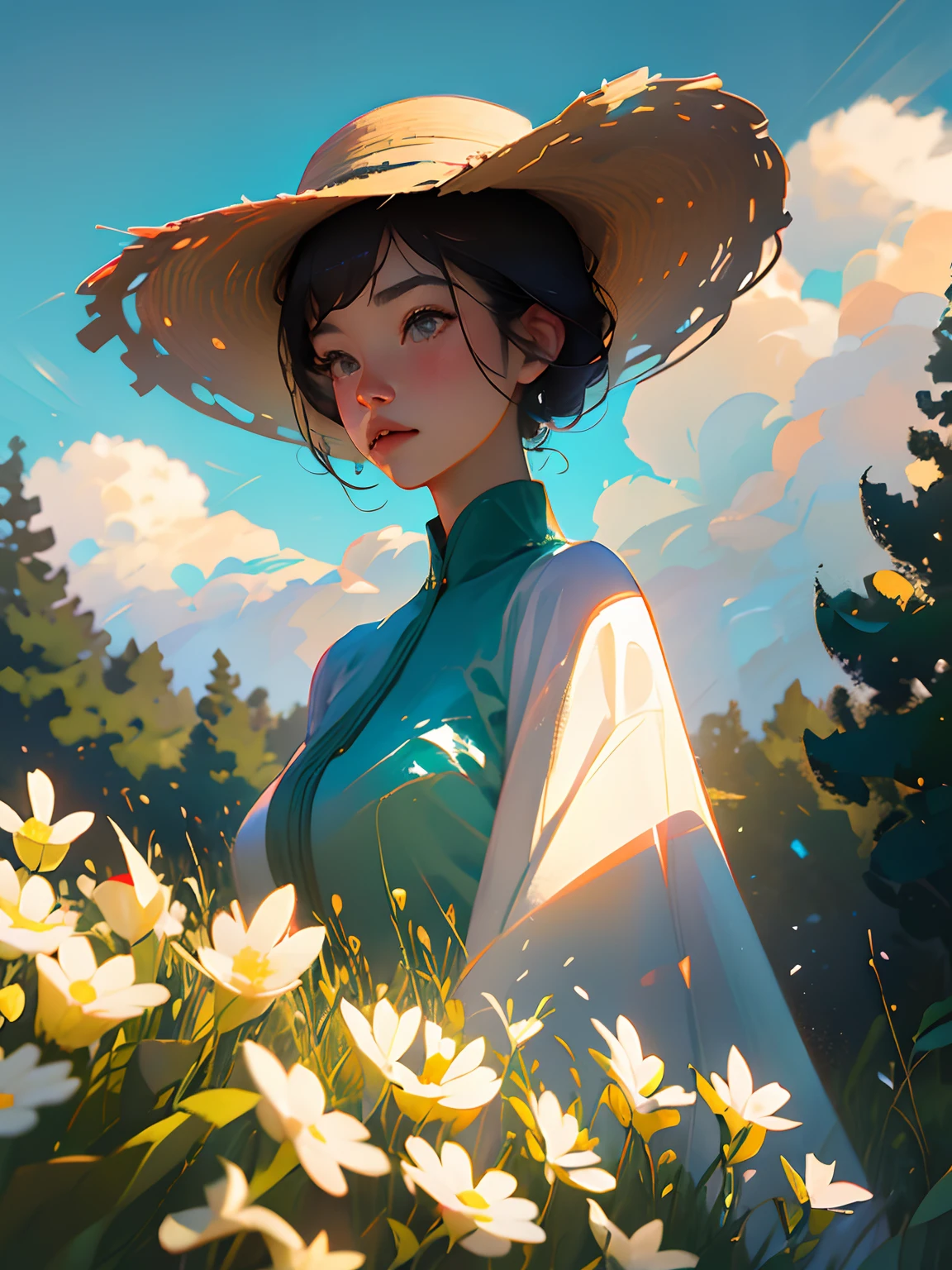 Wheat field, a farmer uncle with a straw hat standing in a wheat field, big clouds, blue sky, rice field, neat rice seedlings in the field, forest, hillside, secluded, rural, HD detail, hyper-detail, cinematic, surrealism, soft light, deep field focus bokeh, ray tracing and surrealism. --v6