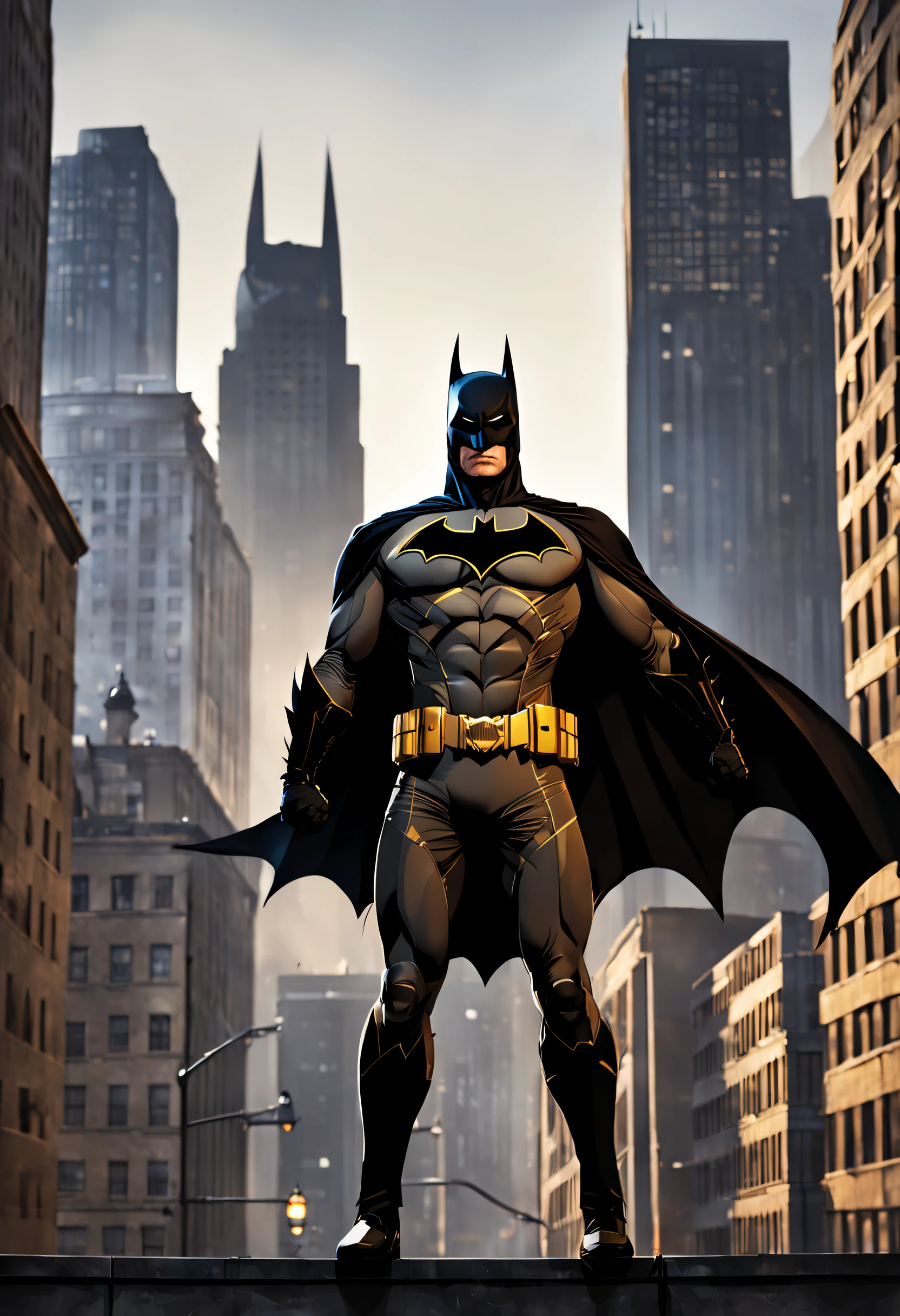 (high resolution) Detailed illustration of Batman in a dark cityscape, dressed in his iconic black and gold Batsuit, with a stern expression on his face [batman],[detailed illustration],[dark cityscape],[suit iconic],[ severe expression]. The artwork should show off the incredible details of Batman's suit, with intricate armor plates, a utility belt and an imposing bat emblem on his chest. The cityscape behind him should be filled with tall, gothic buildings, dimly lit by flickering streetlights, creating a mysterious and moody atmosphere. Batman's cape should flutter in the wind, adding a dynamic and dramatic element to the composition. Colors should be predominantly dark and desaturated, with touches of gold detailing on Batman's suit to highlight his superhero status. Lighting should emphasize shadows and highlights, casting dramatic shadows on Batman's face and body, enhancing the overall intensity of the scene.