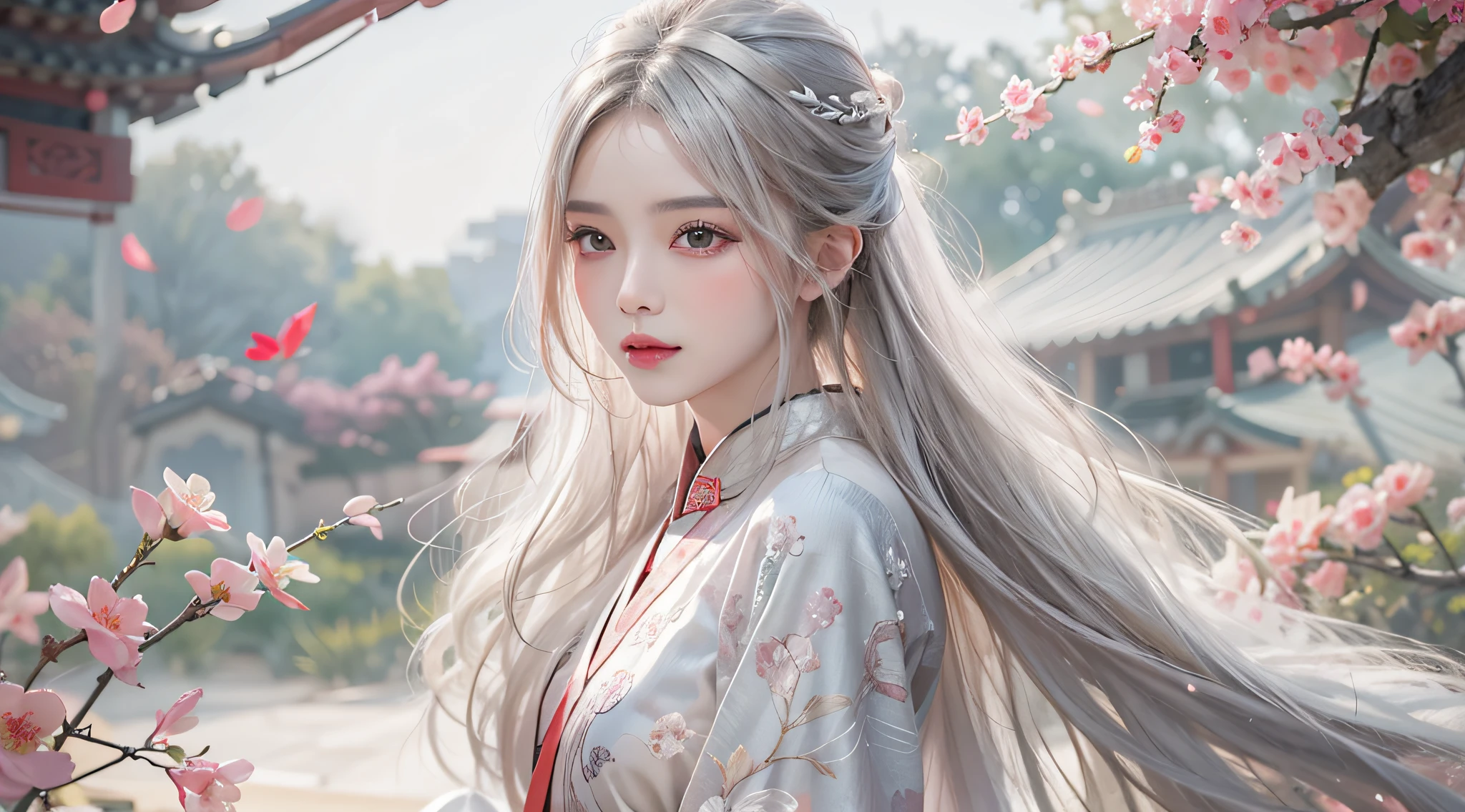 Photorealistic, high resolution, Soft lights, 1womanl, Shiny skin, Fine fine skin, Solo, Hips up, view the viewer, (Detailed face), White hair, Long hair, Chinese wedding Hanfu