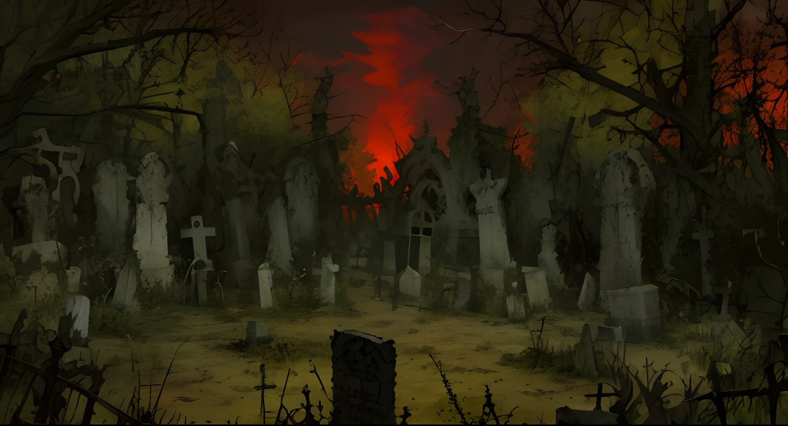 Arafed Cemetery with Cemetery Gate and Cemetery in the Background, Abandoned Cemetery, The Old Cemetery, Cemetery landscape, post-apocalyptic hellscape, Cemetery landscape at night, Abandoned overgrown cemetery, Spooky Dead Swamp Setting, Dark Cemetery Scene, Apocalyptic setting, post-apocalyptic lanscape, Background of the cemetery, bleak apocalyptic environment, Red Spooky Sky, Haunted Headstones