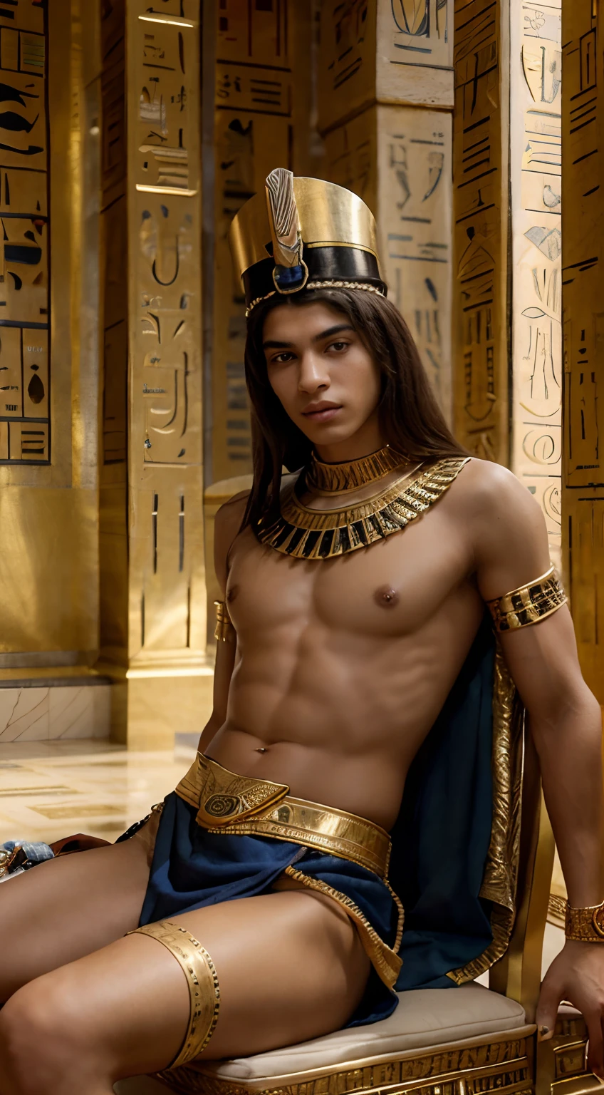 Photorealistic depiction of a -yeld Egian prince, resembling an actual person, dressed in the iconic attire of Pharaoh Tutankhamun. He sits with regal posture, and the environment around him reflects the opulence of an ancient Egyptian royal chamber, complete with detailed decorations and artifacts. We can see his beautiful lags, he sits un a seductive position