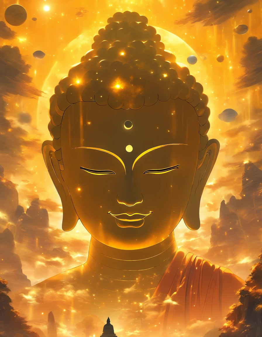 The giant transparent Buddha head looks at an earthy yellow planet in the universe,Glow effects,oc rendered