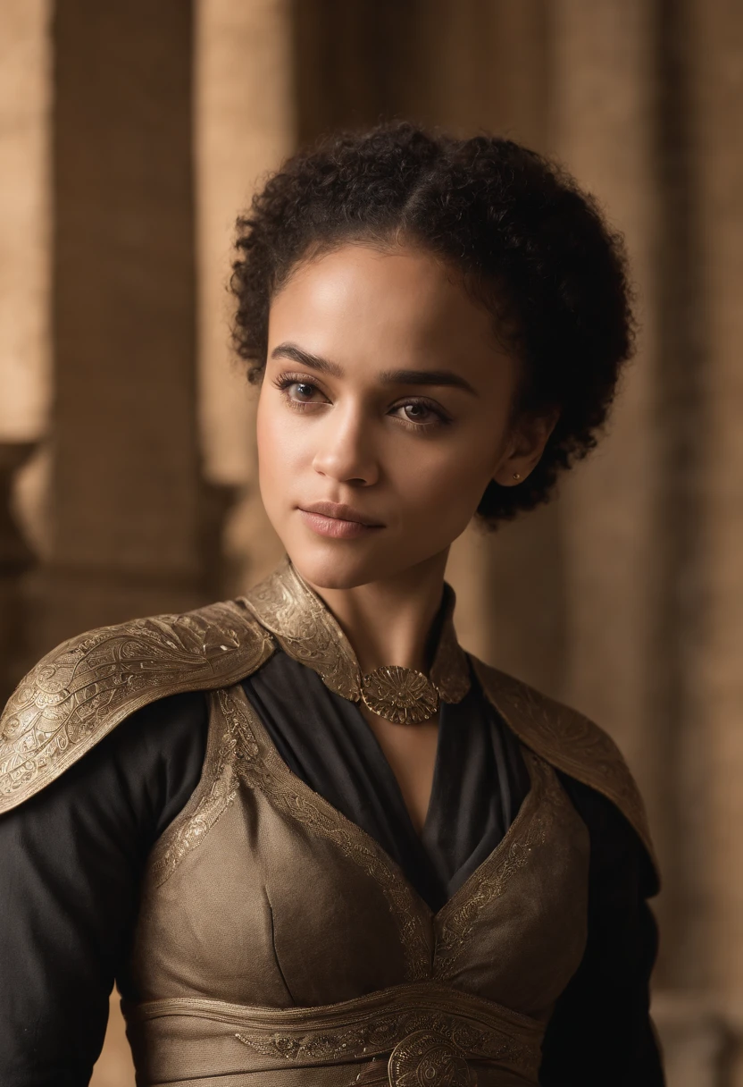 (Missandei of the series "A Guerra dos Tronos"), inspirada em Nathalie Emmanuel, auto retrato hiper-realista, 8k UHD, DSLR, grain of film, pintura fotorrealista Fujifilm XT3 arte midjourney, ((corpo inteiro)), (nsfw:1.25)