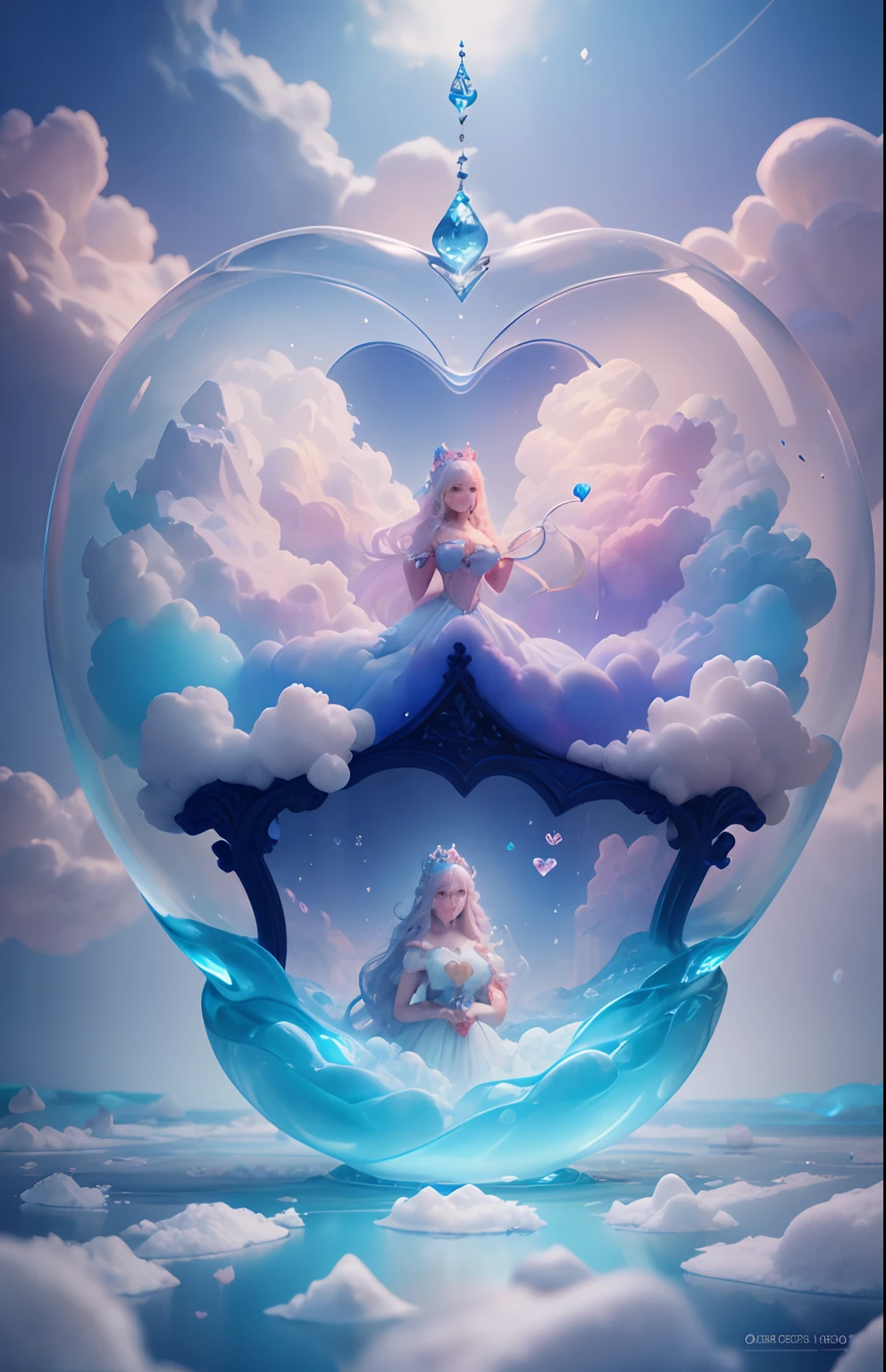 inside a heart shaped bubble a beautiful and elegant Cotton Candy Queen Women Goddess 8k Resolution Rendered Hyper Realistic Intricate Detail lives in an frosty heart shaped ice bubble, a fanciful place filled with castles, cotton candy, swans lakes and fluffy clouds, An intricate visual representation of computer programing, rendered in 24k resolution with intricate details and symbols.