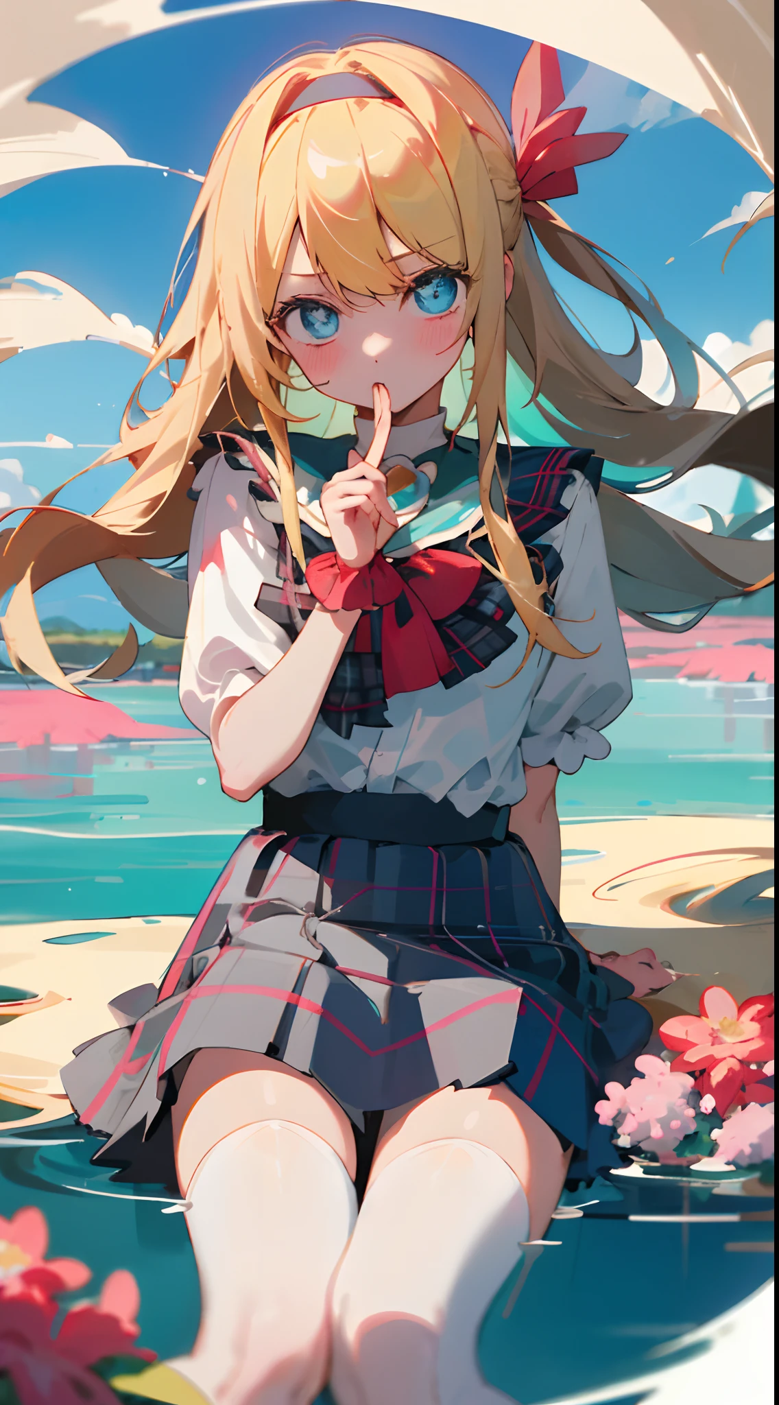 Masterpiece quality,The best quality assurance。A long blonde hair、Cute girl with aqua blue eyes。balmy,astonishment,Exudes magic,With a red headband,Long hair fluttered in the breeze,Be red in the face,White blouse with a baby doll collar tied with a pink bow on the chest,Grey and black plaid skirt,White stockings,Genki girl,Sit in a sea of flowers