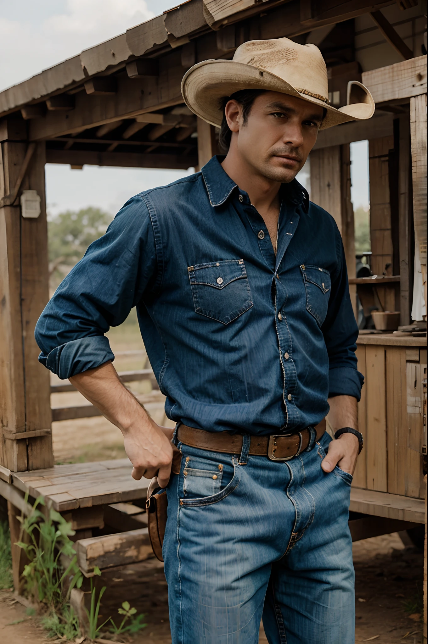 male, vaquero musculoso, rostro, realista, foto cuerpo completo con jeans, nalgon,barba corta. Alejandro Sanz.
