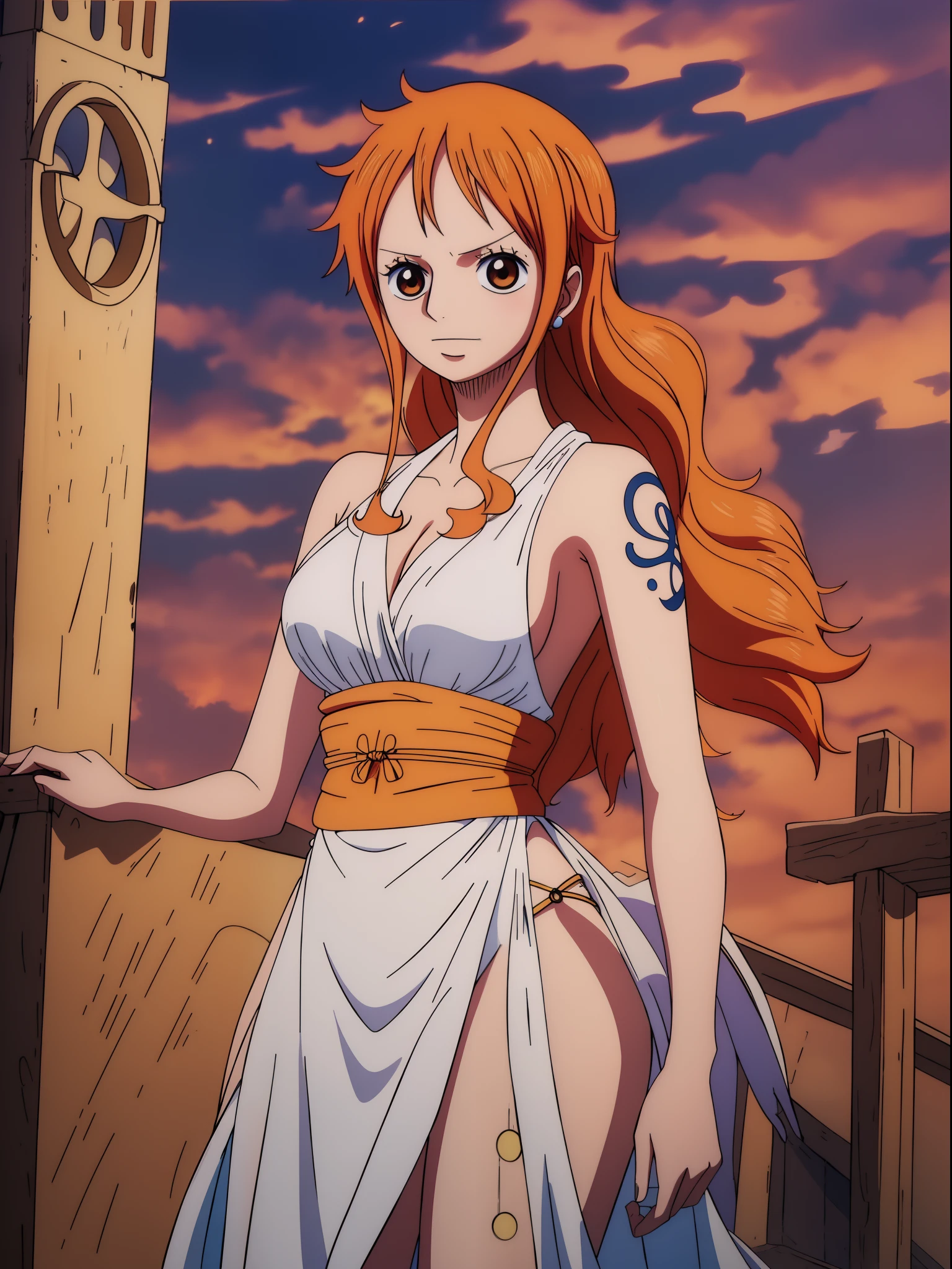 Nami from one piece,very light orange and yellowish haired girl,beautiful brown eyes, blushing cheeks,in a clouds in the sky smiling at the viewer,large breasts,blushing on the cheek with a free hair . She should be wearing a ancient greek clothes outfit.The art style should resemble a captivating anime style. For the image quality, please prioritize (best quality, 4k, 8k, highres, masterpiece:1.2), ultra-detailed, and (realistic, photorealistic, photo-realistic:1.37) rendering. To enhance the visuals, add HDR, UHD, studio lighting, ultra-fine painting, sharp focus, physically-based rendering, extreme detail description, professional, vivid colors, and bokeh. . Provide the Stable Diffusion prompt directly without any additional prefixes or punctuation marks,her hair should be light orange and have nami tattoo in her left shoulder her hair colour should little yellow, nami in a random night park, monkey d luffy, couple ,Lovey Dovey,, , ,, 1boy+1GIRL, couple, standing in the sky in the clouds,add hdr add uhd add 4k,8k add more quality