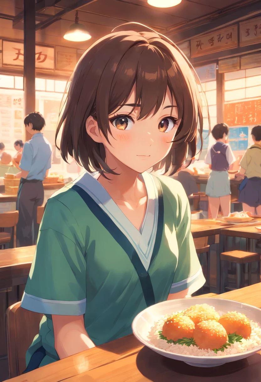 animesque a beauty girl short-cut boyish hi-school girl I'm eating rice balls 校服 brother Ribbon at chest Rice balls are large I'm about to get rid of it Outside the school
