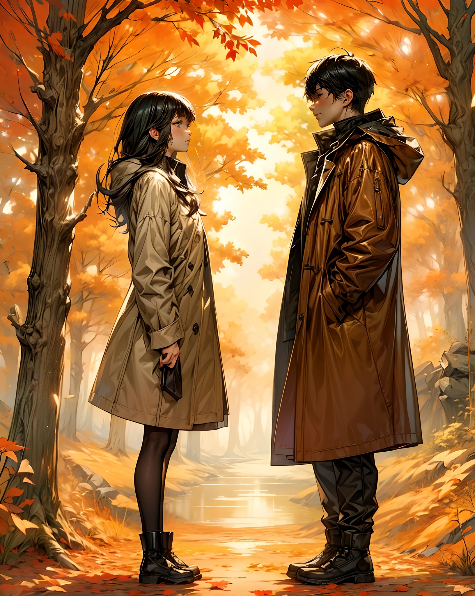 a anime couple wearing classic autumn fashion,  standing,  looking each other,  looking at viewer,  illustration style,  close up,  Tsutomu Nihei style,  Manga nib pen style,  beautiful landscapes scenery,  highly detailed,  light,  sparkle,  glistening atmosphere atmosphere — quality,  beautiful detail autumn background --