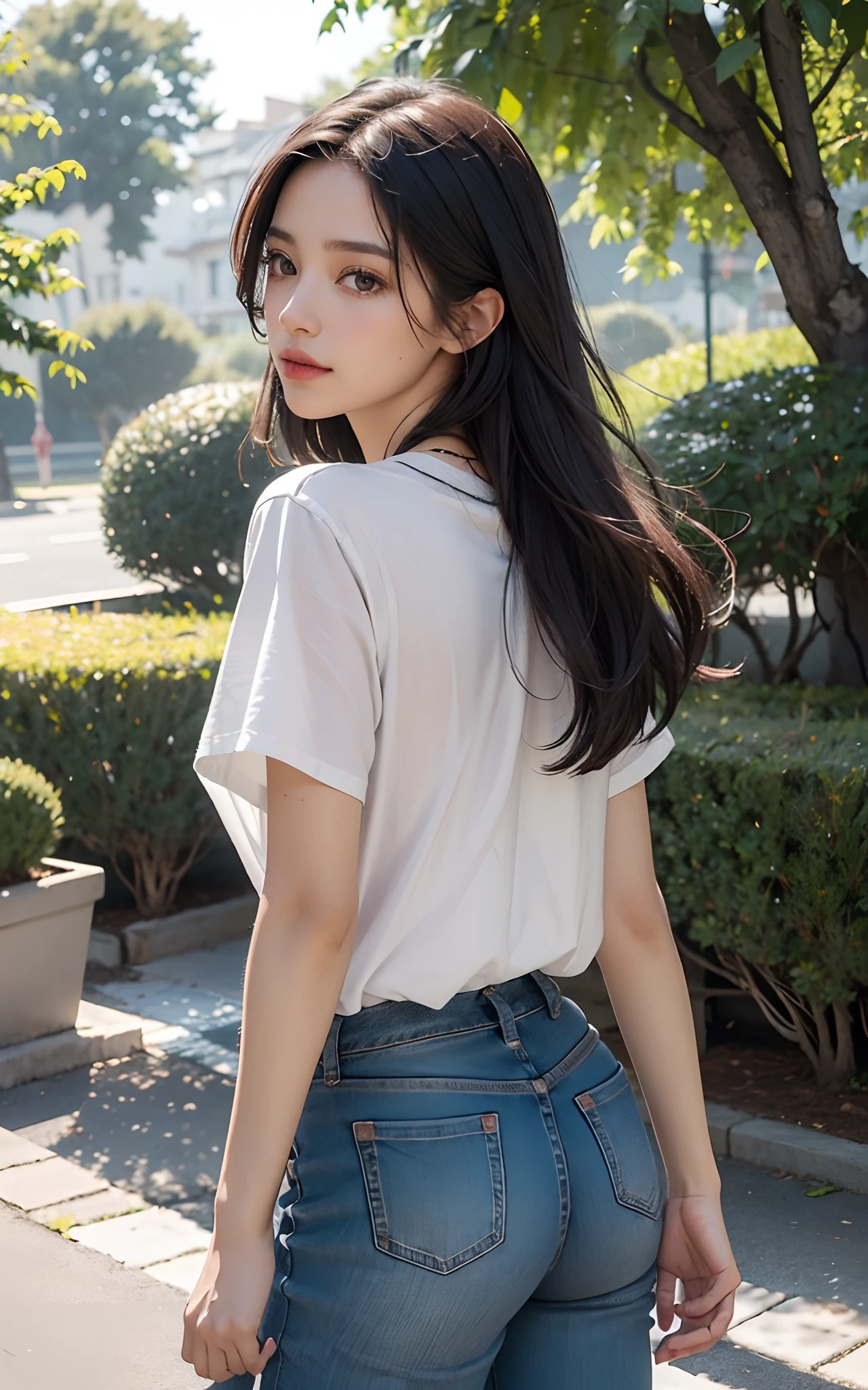 ((Pecho enorme, 18yr old, very small head)), Daylight, luz del sol, (cuerpo perfecto : 1.1), (cabello corto y ondulado:1.2, dark brown hair, Cabello de malla rosa y azul, Malla fina), ((Toma de cuerpo completo)), (Oversized white T-shirt, pantalones cortos vaqueros), (sudar), (en el parque), (fondo de pantalla CG 8k muy detallado), (extremadamente delicado y hermoso), (Obra maestra), (La mejor calidad:1.0), (超A high resolution:1.0), (realista), Hermoso rayo ,Perfect lightning, Sombras realistas, (High resolution), Piel detallada, Ultra detallado, cuerpo delgado), (cabello hermoso, cabello real, Pelos detallados, Cola de caballo alta), thin clavicle, Hermosos pechos, sonrojarse, fotorrealista, Cara realista, ojos realistas, small eyes, linda sonrisa, (((De color))), (delineador de ojos), (mascara), (sombra de ojos), Looking back, Angle from behind,