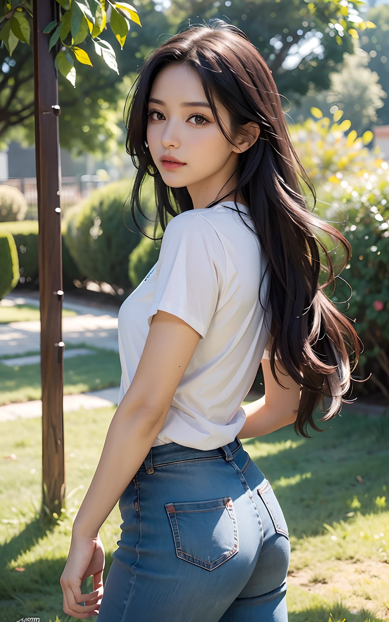 ((Pecho enorme, 18yr old, very small head)), Daylight, luz del sol, (cuerpo perfecto : 1.1), (cabello corto y ondulado:1.2, dark brown hair, Cabello de malla rosa y azul, Malla fina), ((Toma de cuerpo completo)), (Oversized white T-shirt, pantalones cortos vaqueros), (sudar), (en el parque), (fondo de pantalla CG 8k muy detallado), (extremadamente delicado y hermoso), (Obra maestra), (La mejor calidad:1.0), (超A high resolution:1.0), (realista), Hermoso rayo ,Perfect lightning, Sombras realistas, (High resolution), Piel detallada, Ultra detallado, cuerpo delgado), (cabello hermoso, cabello real, Pelos detallados, Cola de caballo alta), thin clavicle, Hermosos pechos, sonrojarse, fotorrealista, Cara realista, ojos realistas, small eyes, linda sonrisa, (((De color))), (delineador de ojos), (mascara), (sombra de ojos), Looking back, Angle from behind,