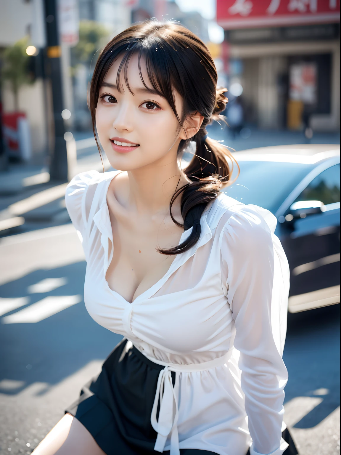 Highest quality, Realistic, 1peopleの女の子, woman,(Skin Dentition), nude,Mid-chest, (bright), (Professional Lighting, Bokeh), (street), people々, crowd, Braided bangs, (blouse:1.5), (Unbuttoned:0.8), nice, bloom, Floating Hair, (Dynamic pose:0.6) , Soft lighting, ,((( She is being made to cum)))