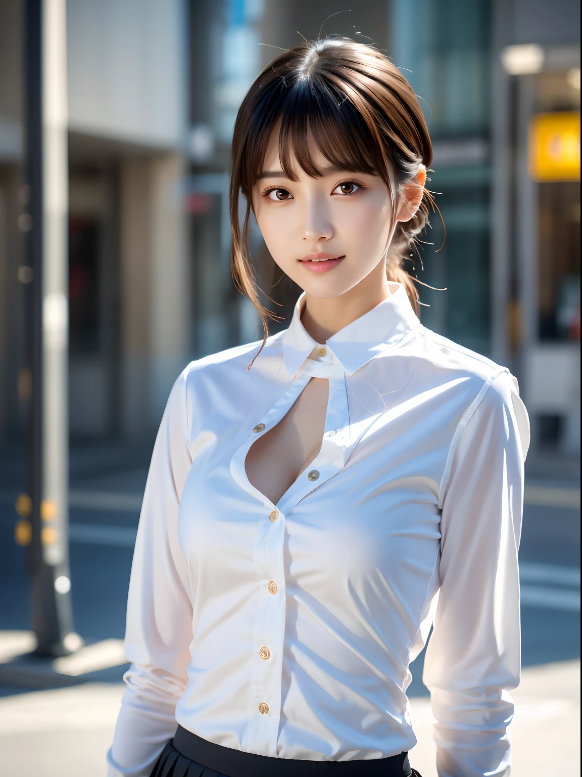 (masutepiece:1.3), (8K, Photorealistic, Raw photo, Best Quality: 1.4), Japanese, (1girl in), Beautiful face, (Realistic face), (Black hair), Beautiful hairstyle, Realistic eyes, Beautiful detailed eyes, (Realistic skin), Beautiful skin, Attractive, 超A high resolution, A hyper-realistic, Highly detailed, Golden ratio、 Show from the hips to the shoulders, Beautiful detailed skin, (Cute:1.2), (Black hair), ((JPOP Idol)), (upper thigh:0.6), (depth of fields),Soft light, Lens Glow, Looking at Viewer, (drooping eyes:1.2), Straight teeth,Smile, Floating hair, (a blond:1.2), Brown eyes, Movie Scene, Cinematic, fulcolor, 4K, 8K, 16 K, Raw photo, masutepiece, professionally color graded, Professional Photography, cleavage,High Girl, Hair UP, Think,(Sweat,Sigh)1.2,(blush,Open mouth)1.3,soft clean focus, Realistic lighting and shading, (an extremely delicate and beautiful art)1.3, Elegant,Active Angle,Dynamism Pose, Photorealistic, (One pretty girl:1.1), hight resolution, ultraclear, Sharp Focus, ,Cosplay, slim, Sheer white cloth,White hair, High Ponytail, (Off-White Damask Long Sleeve Shirt Dress:1.3), (Thom Brown Design Dress:1.4), (hyper detailed background, Detail Background: 1.3), Bokeh, depth of fields, China City Street, No one in the background,(Skirt flipping、Pink panty:1.1)