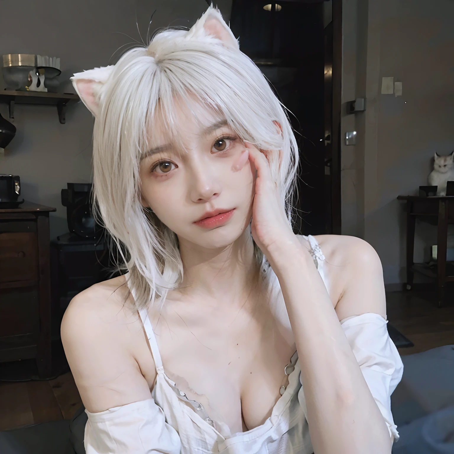 8K、(Sexy poses collection)、((Underwear))、(((White hair color))) 、undersized head、Best Quality, masutepiece, 超A high resolution, (Realism: 1.4), Original photo, (True skin texture: 1.3), (Film grain: 1.3), Beautiful eyes and face details, masutepiece, Best Quality, Full body、bob cuts、18year old、(((White cat ears)))