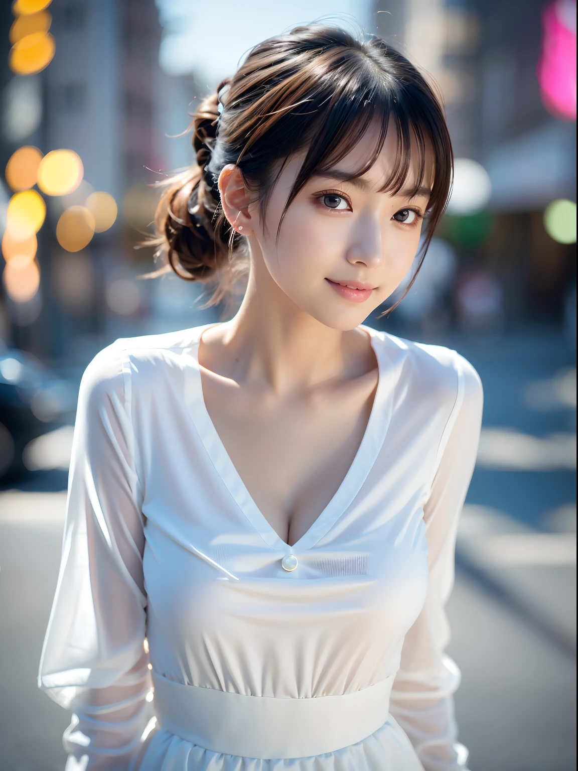 (masutepiece:1.3), (8K, Photorealistic, Raw photo, Best Quality: 1.4), Japanese, (1girl in), Beautiful face, (Realistic face), (Black hair), Beautiful hairstyle, Realistic eyes, Beautiful detailed eyes, (Realistic skin), Beautiful skin, Attractive, 超A high resolution, A hyper-realistic, Highly detailed, Golden ratio、 Show from the hips to the shoulders, Beautiful detailed skin, (Cute:1.2), (Black hair), ((JPOP Idol)), (upper thigh:0.6), (depth of fields),Soft light, Lens Glow, Looking at Viewer, (drooping eyes:1.2), Straight teeth,Smile, Floating hair, (a blond:1.2), Brown eyes, Movie Scene, Cinematic, fulcolor, 4K, 8K, 16 K, Raw photo, masutepiece, professionally color graded, Professional Photography, cleavage,High School Girl, Hair UP, Think,(Sweat,Sigh)1.2,(blush,Open mouth)1.3,soft clean focus, Realistic lighting and shading, (an extremely delicate and beautiful art)1.3, Elegant,Active Angle,Dynamism Pose, Photorealistic, (One pretty girl:1.1), hight resolution, ultraclear, Sharp Focus, ,Cosplay, slim, Sheer white cloth,White hair, High Ponytail, (Off-White Damask Long Sleeve Shirt Dress:1.3), (Thom Brown Design Dress:1.4), (hyper detailed background, Detail Background: 1.3), Bokeh, depth of fields, China City Street, No one in the background,(Skirt flipping、Pink panty:1.1)