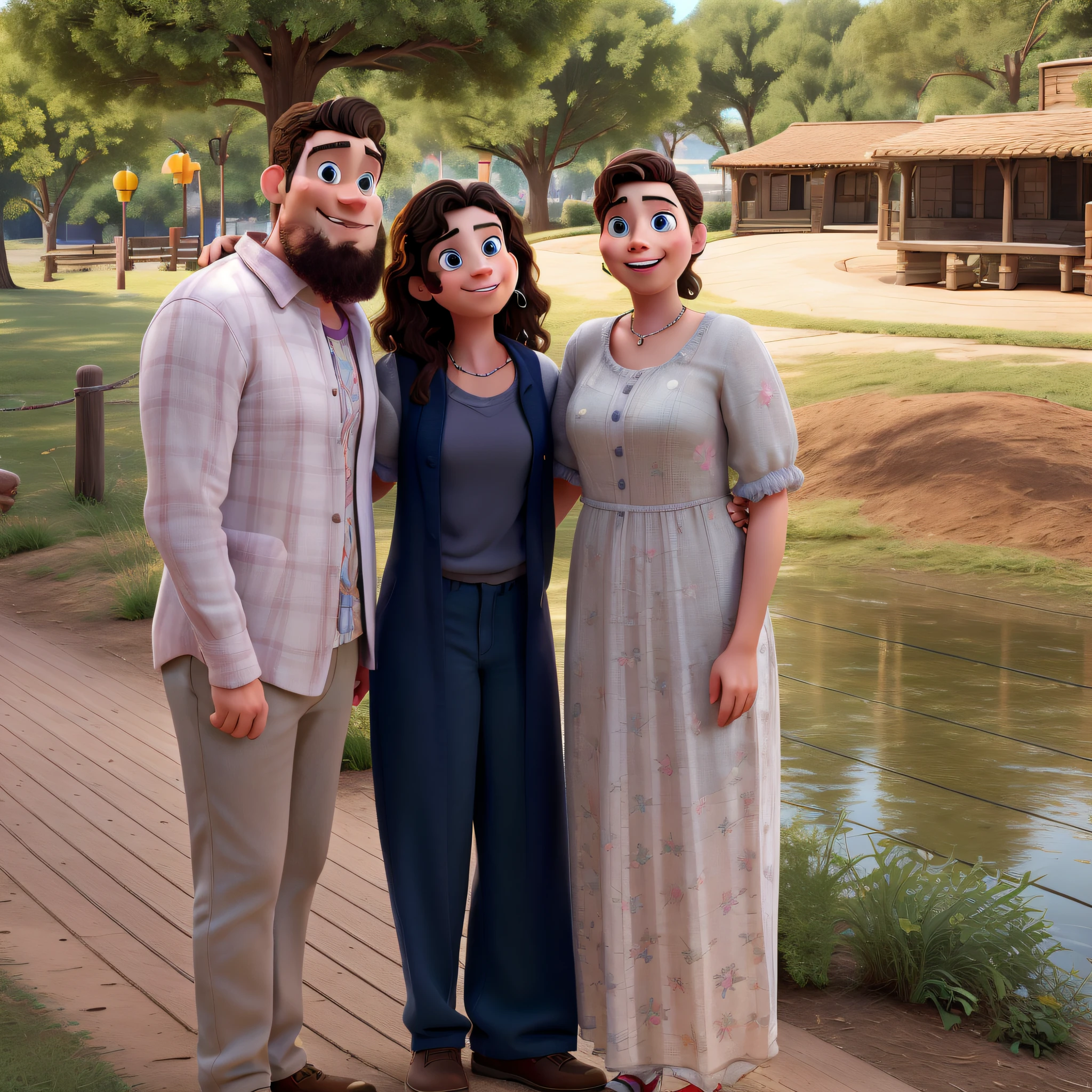 A man, a woman, a young girl, Disney Pixar style, high quality, best quality.