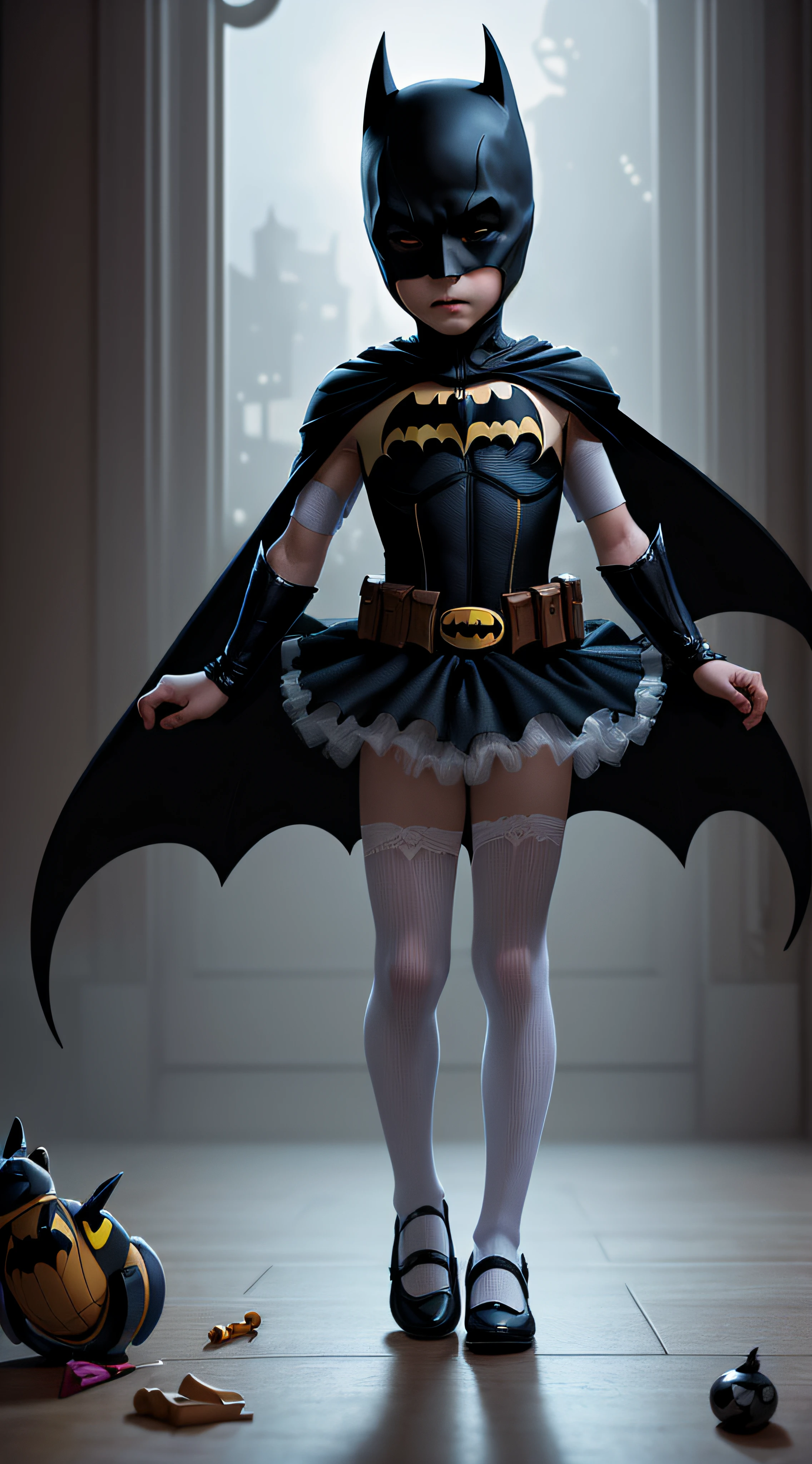 (high quality, fantasy, beautiful detailed illustration, digital painting) a child plays with his Batman toy dressed in a dancer tutu. Worthy of toystory.